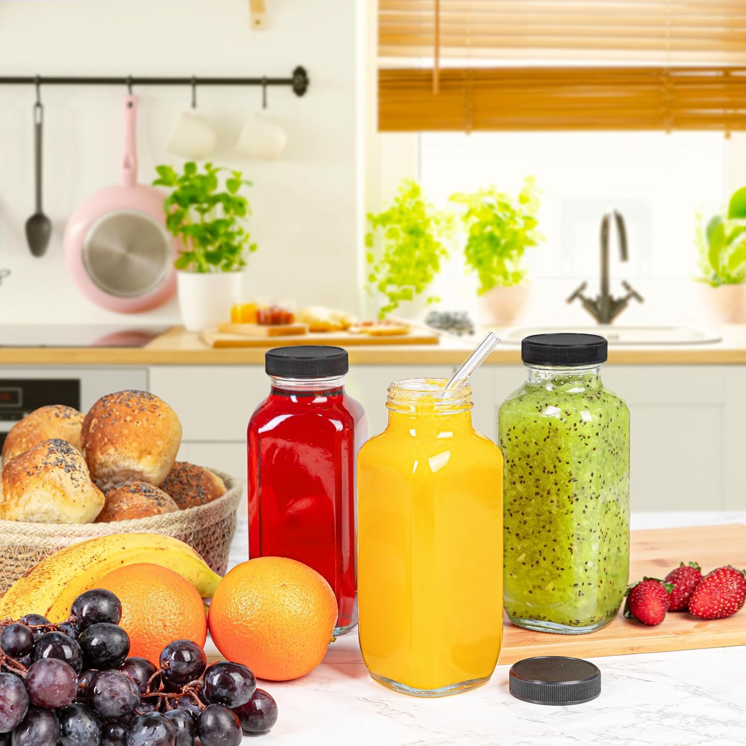Juice Bottles with Lids, 16 Oz, Set of 3 | Clear Glass Jars with Caps, Reusable