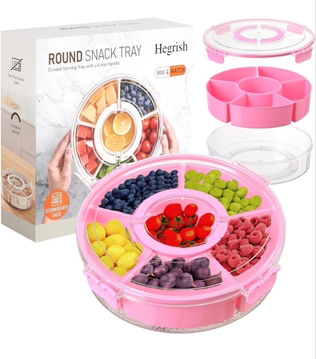 NEW PINK Snackle Dishwasher Safety Divided Rotating Serving Tray Handle Portable