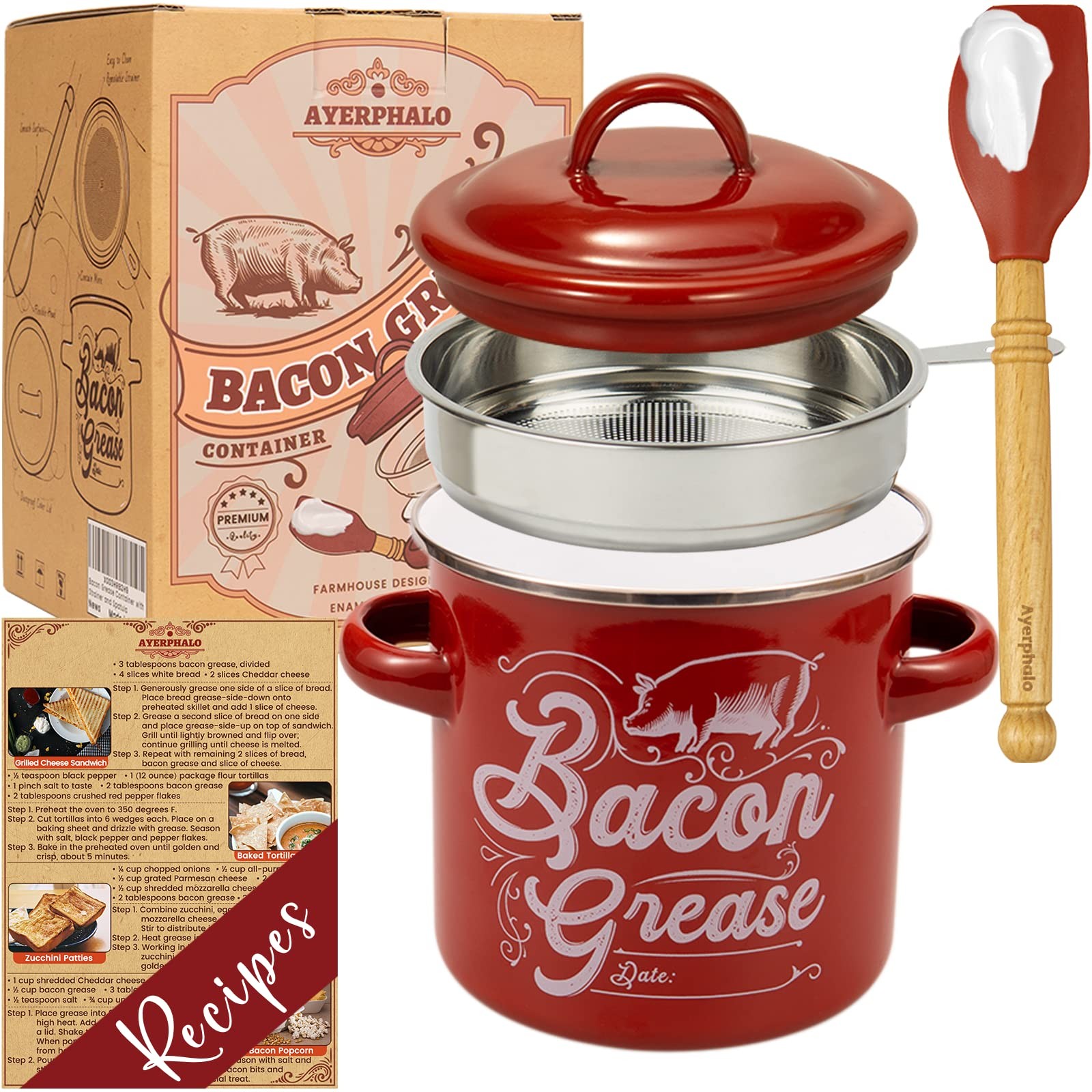 Ayerphalo Bacon Grease Container with Strainer – 46OZ Large Capacity, With Si…