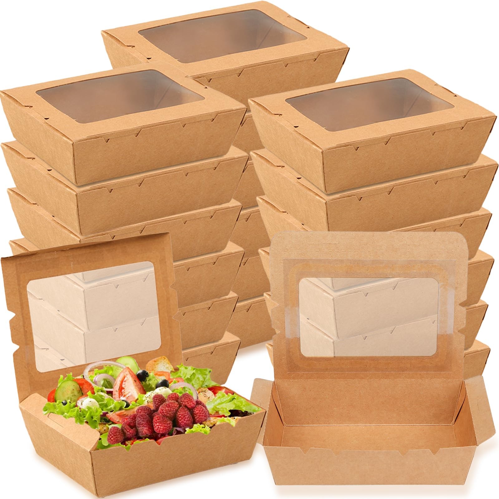 50 Pack Take Out Food Containers with Window, 40 oz Kraft Paper Food to Go Bo…