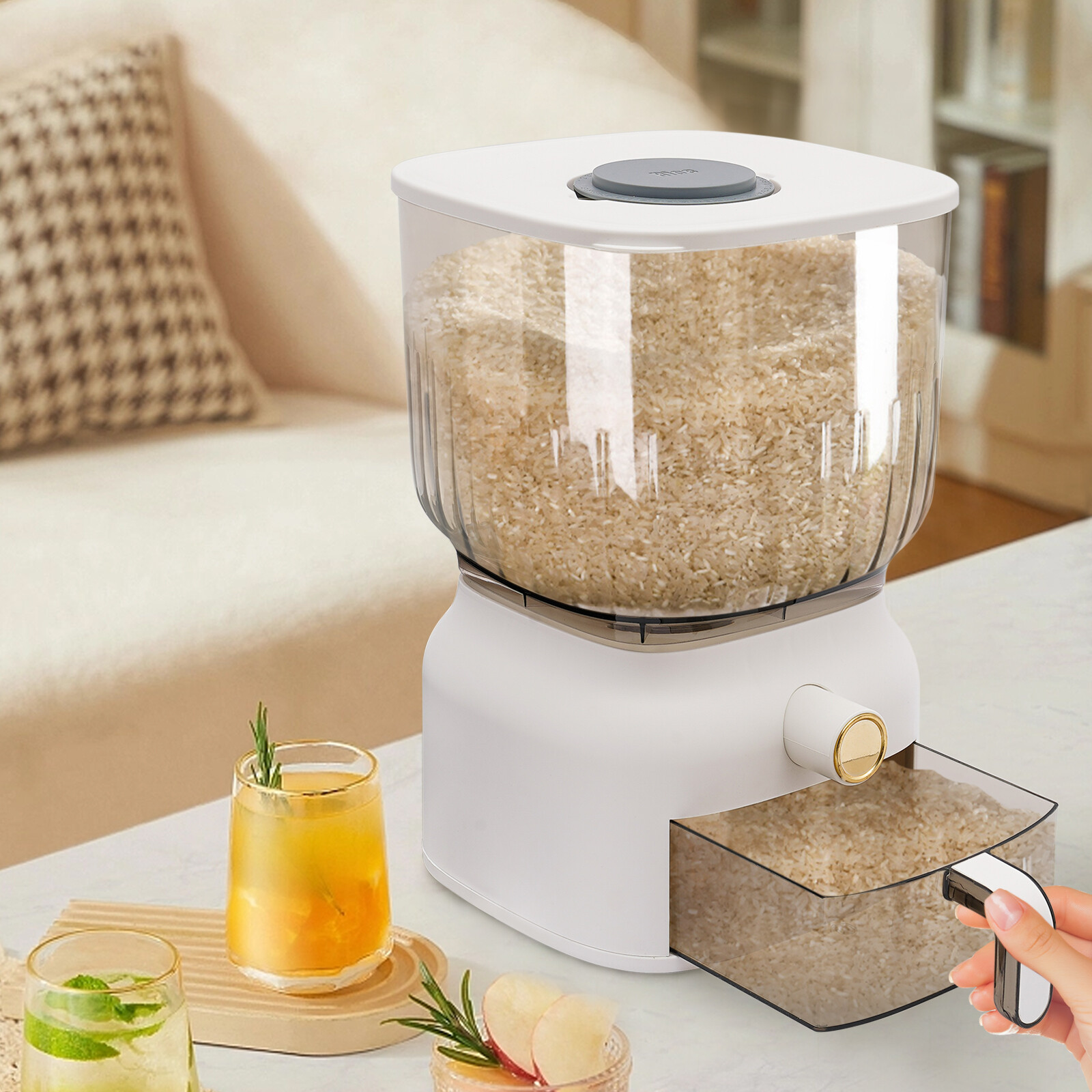 22lbs Square Rice Dispenser Grain Container Kitchen Organizer With Rice Cup