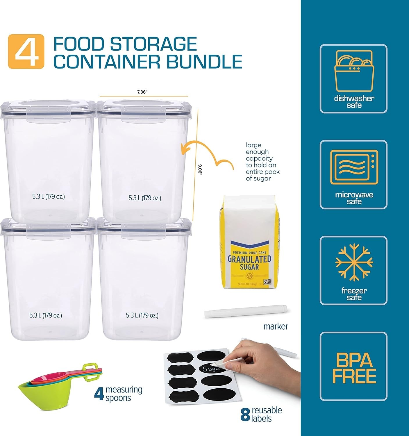 Rice Storage Containers Set 5.3L Square Airtight Food Canisters With Lids Pantry