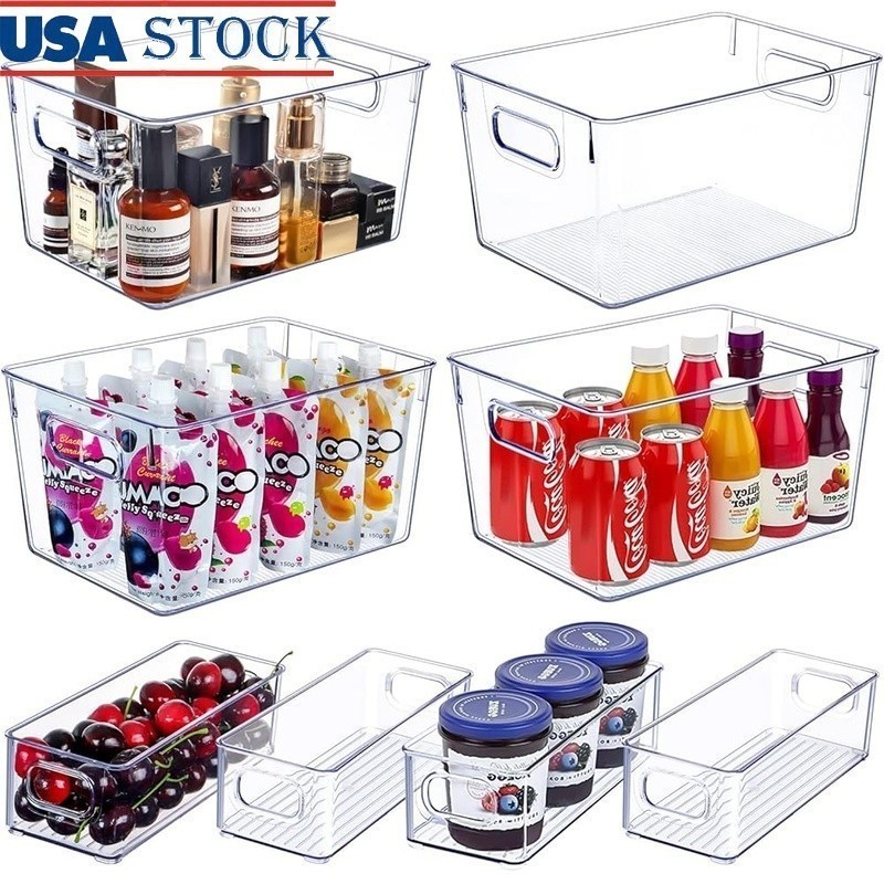 Stackable Transparent Fridge Storage Bins Clear Organizers W/ Easy Grip Handles