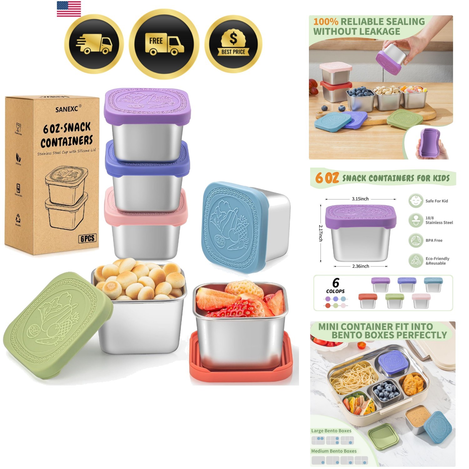 6 Oz Stainless Steel Snack Containers for Kids – 6 Pack Metal Food Containers…