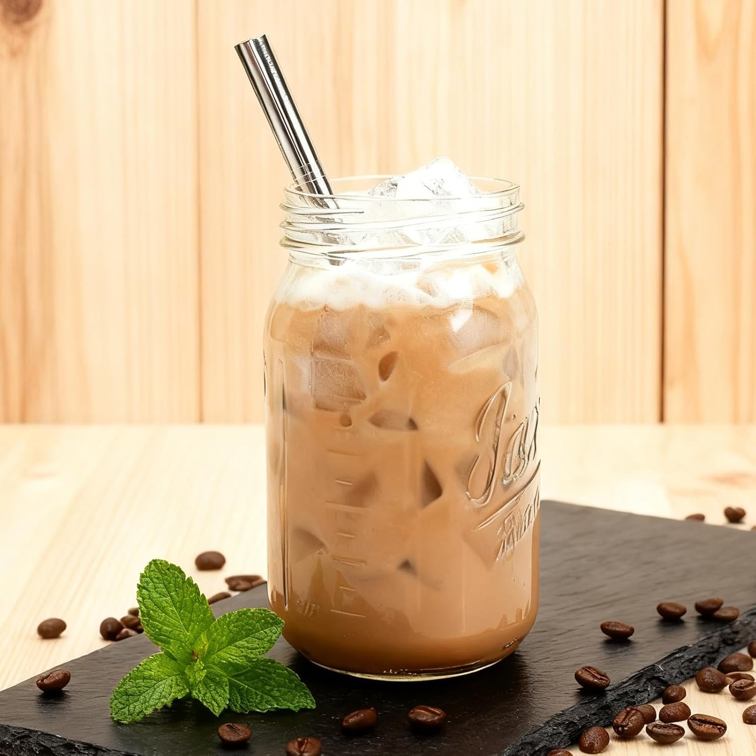 6-Pack Mason Jars Cups W/ Plastic Lids & Straws 32oz Wide Mouth Glass Cups