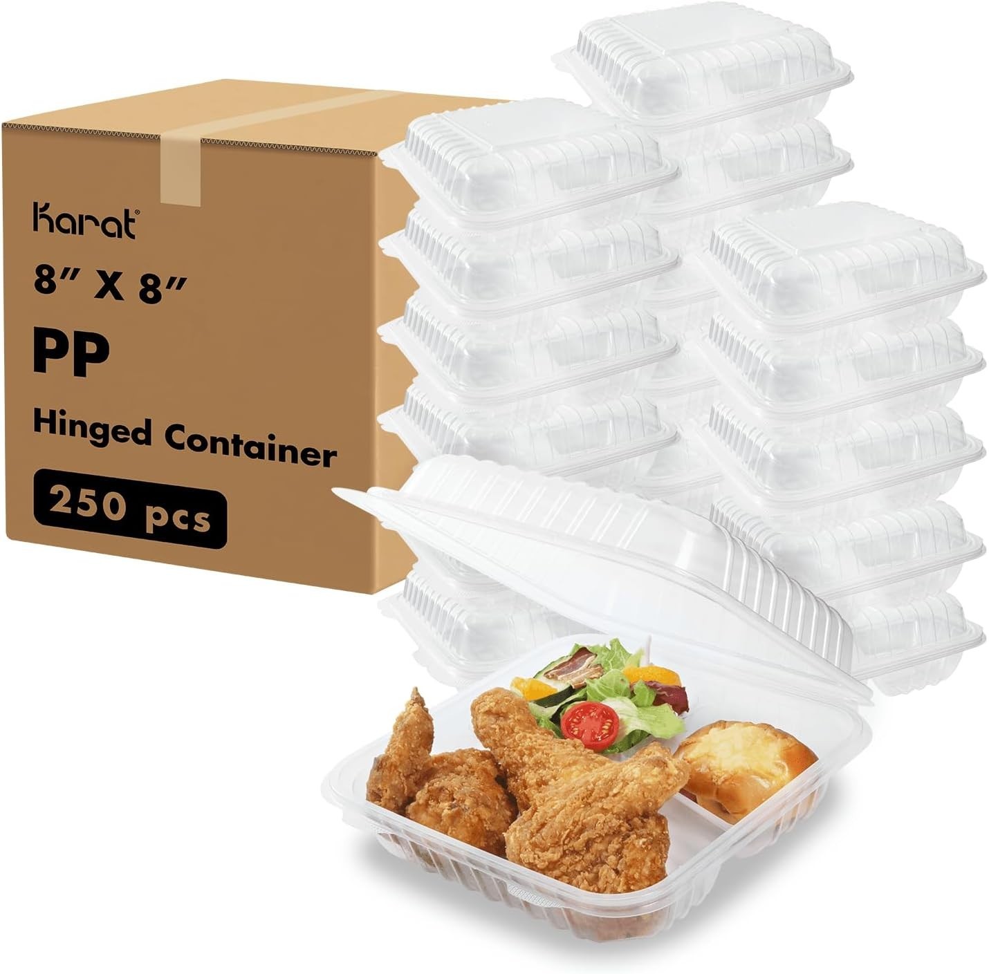 9×9 Inch PP Hinged Take Out Box 180 Case W/ Recyclable & Sturdy Clamshell