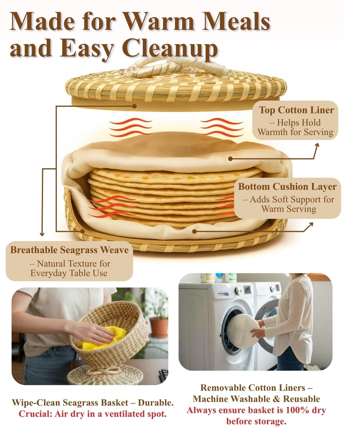 Handwoven Seagrass Tortilla Warmer Basket with Lid, 9.6″ Breathable Natural T…