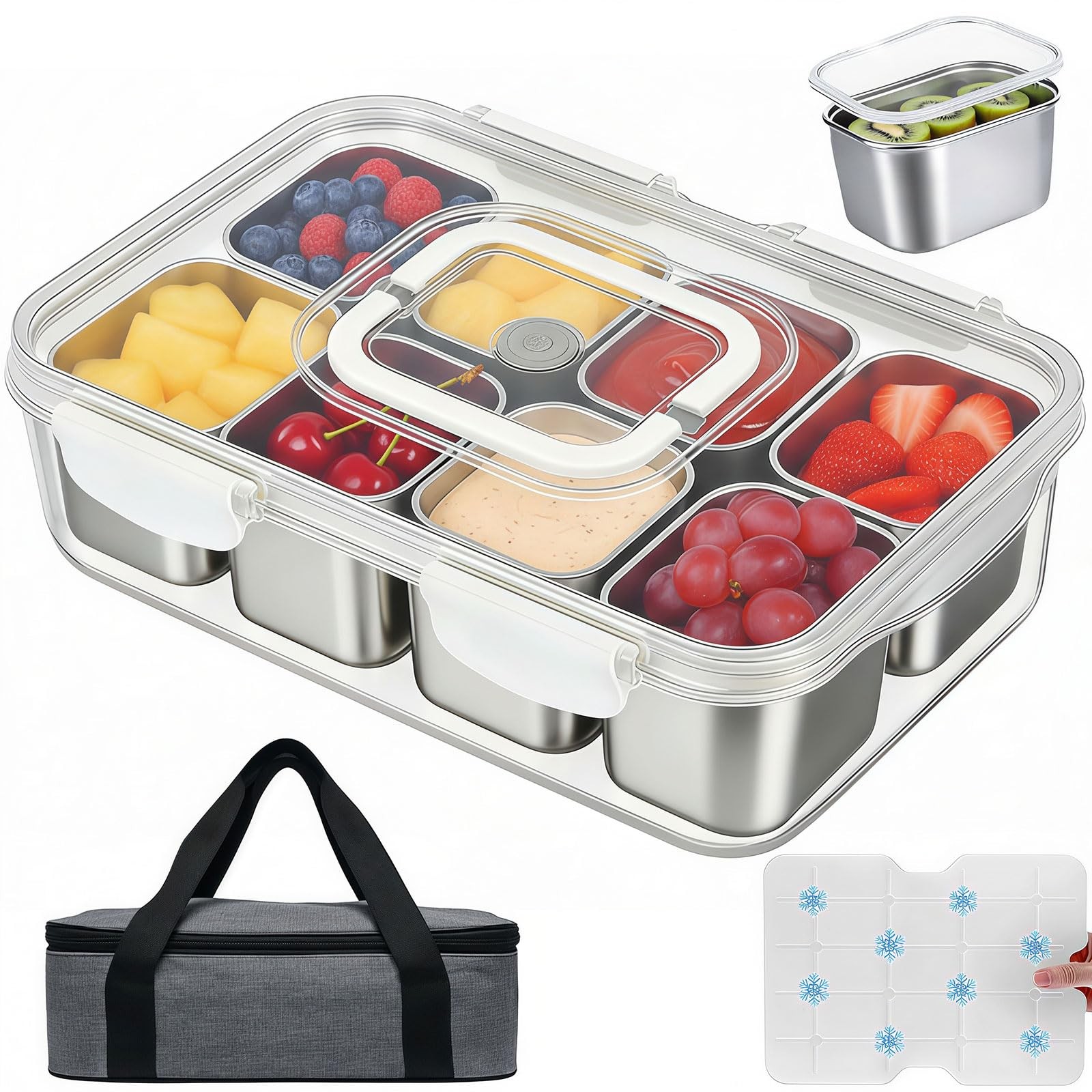Snackle Box Container with Ice Pack, 304 Stainless Steel Divided Serving Tray…