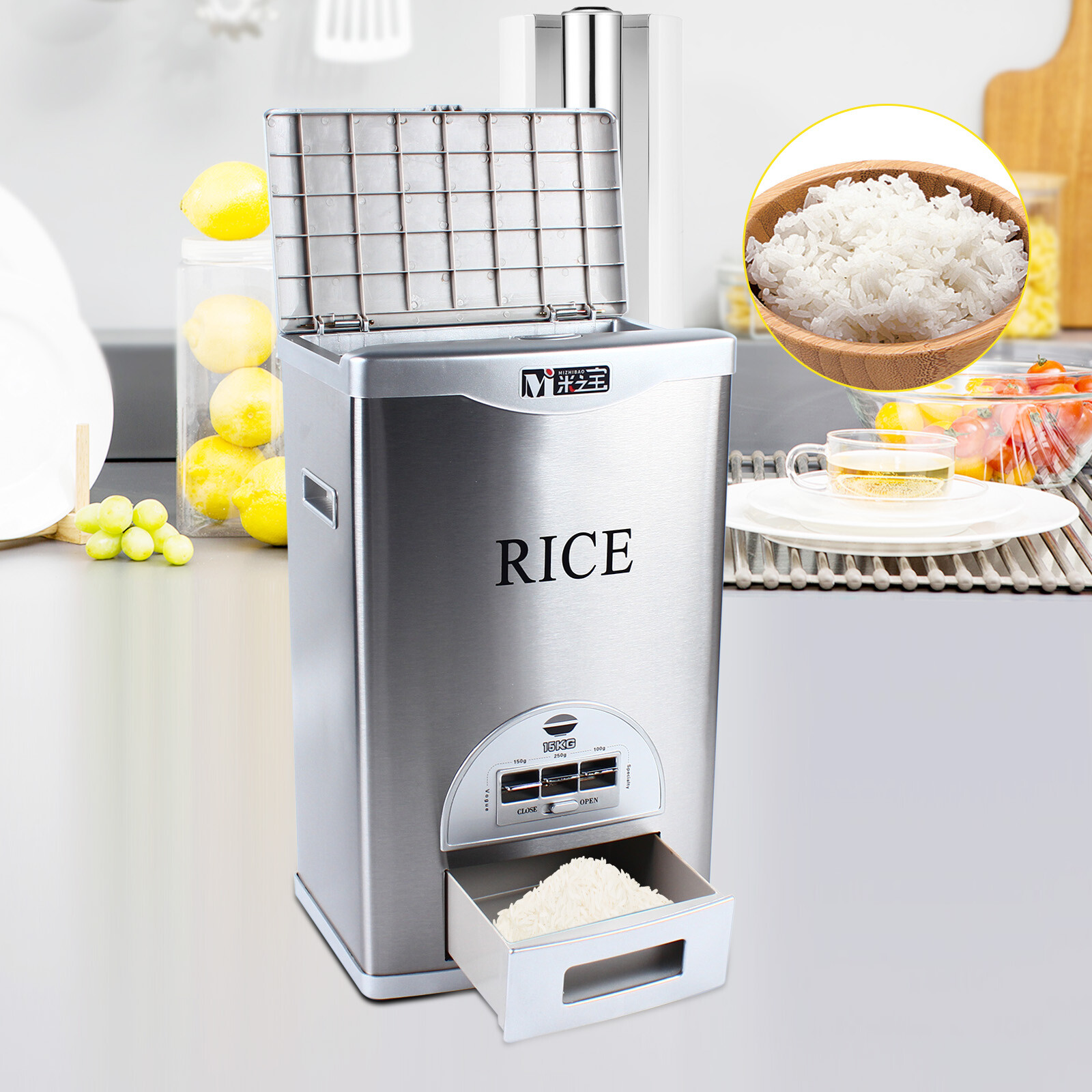 Automatic Stainless Steel Rice Dispenser 15kg (33lb) 3-Portion 100/150/250g