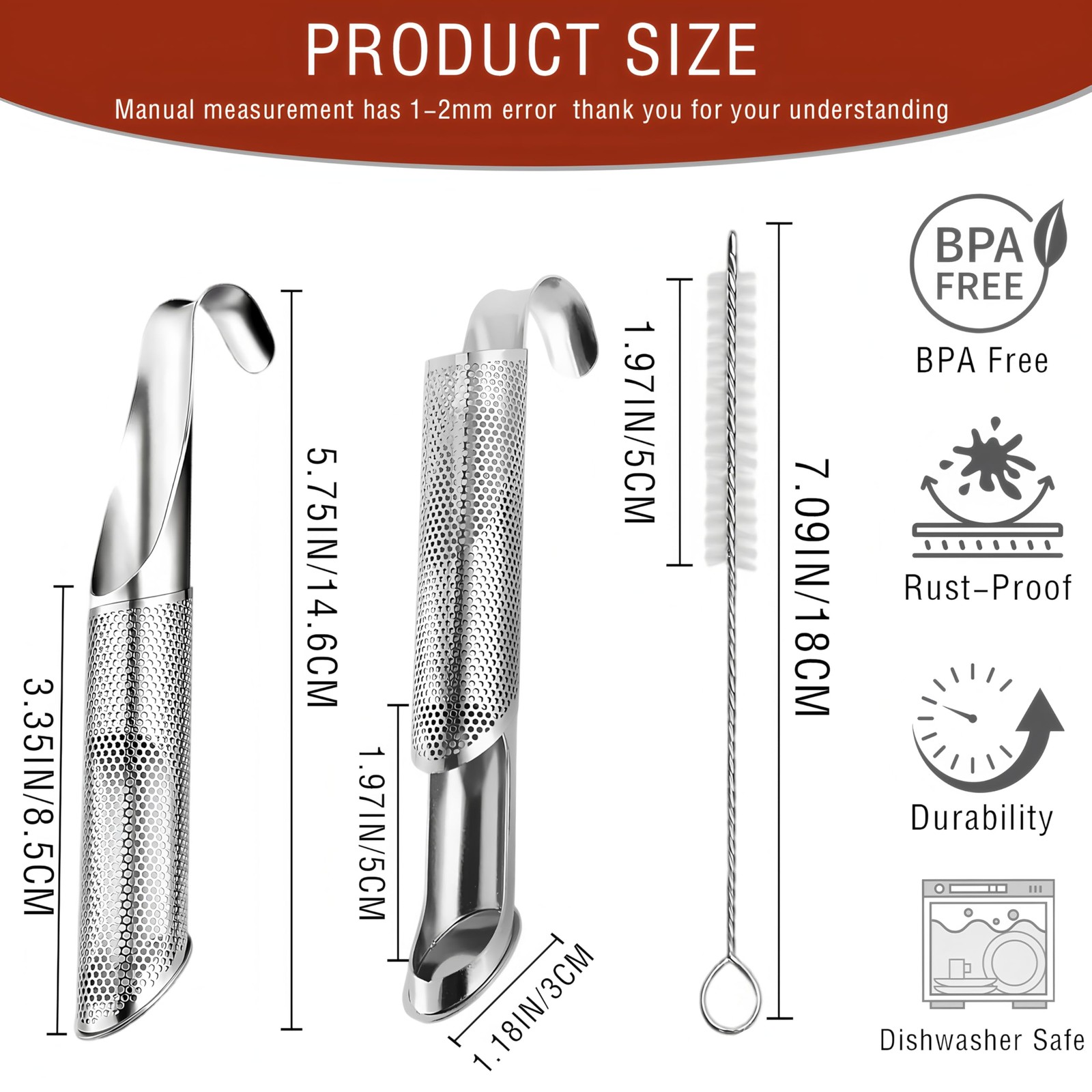 304 Stainless Steel Tea Infuser for Loose Leaf 14.6*2CM, Silver