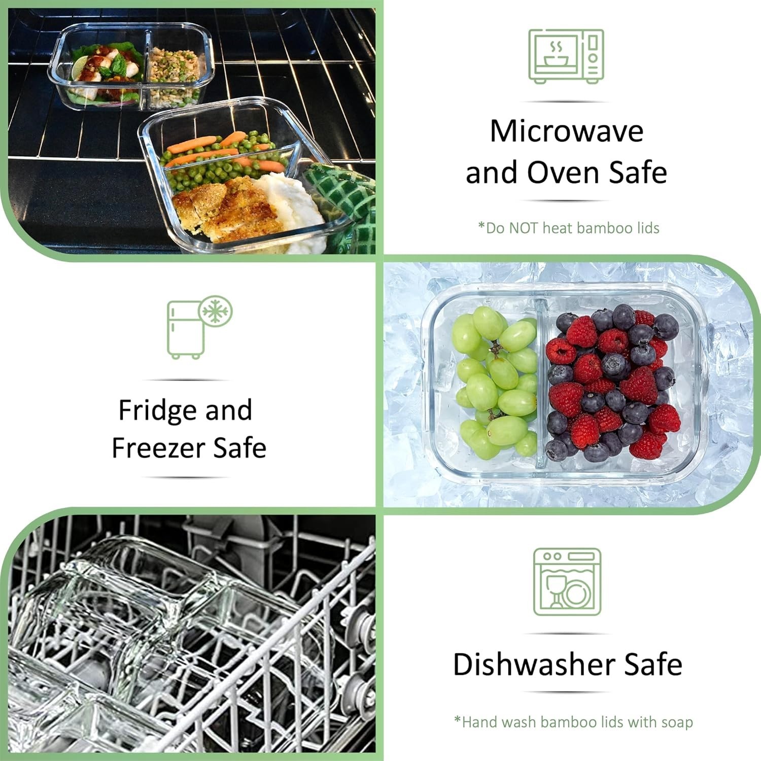 Glass Meal Prep Containers with Bamboo Lids, 2 Compartment Glass Bento Box Co…