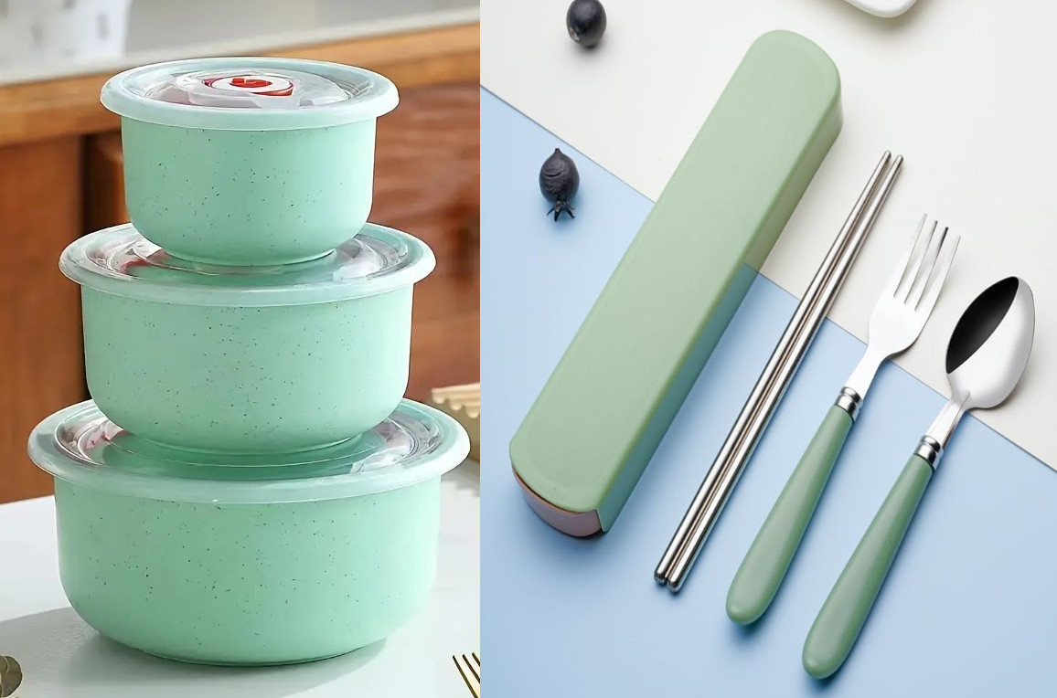 3pcs Lunch Bowl Snack Lunch Containers with Lids and Silverware Cutlery Set
