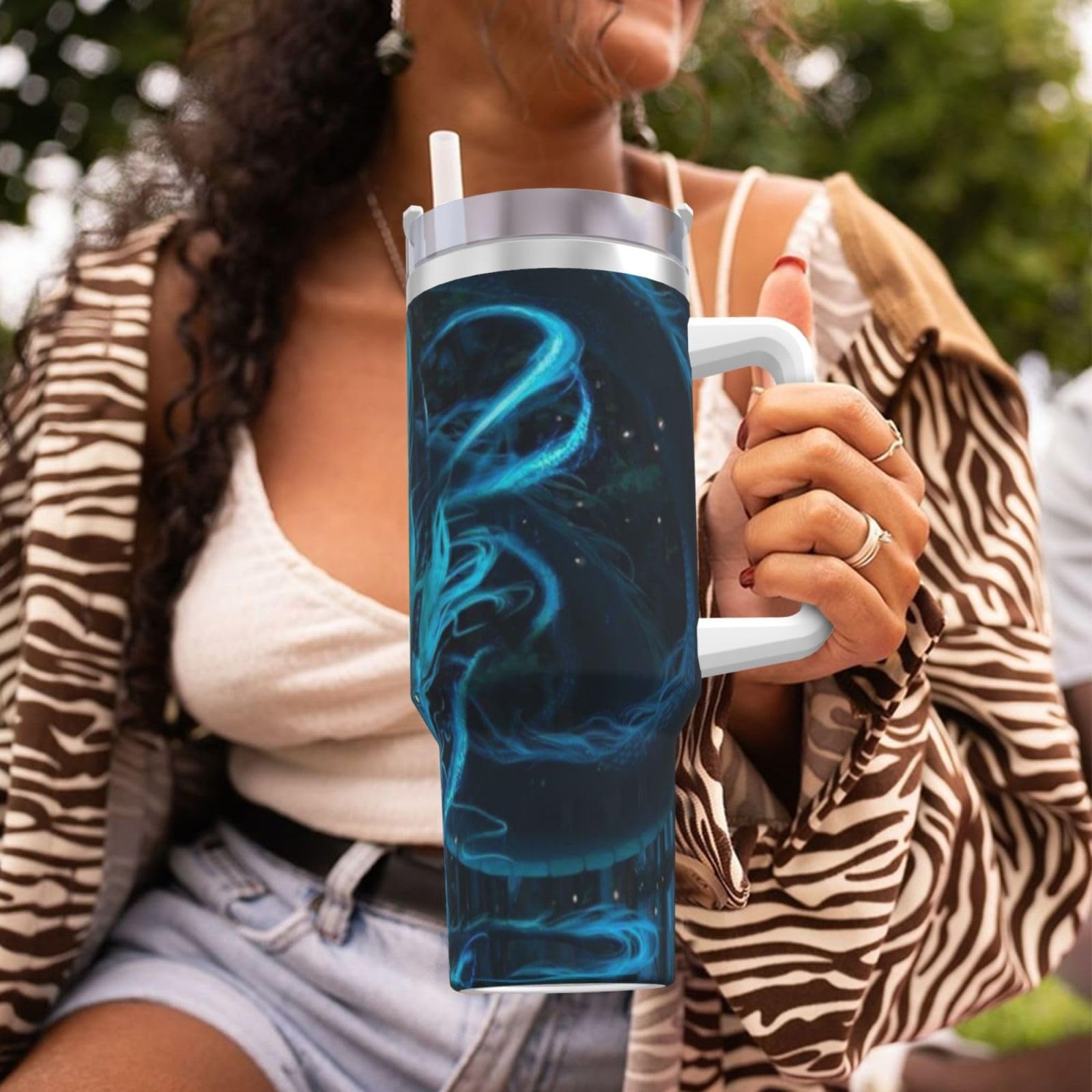 Ptonuic Blue Dragon 40 Oz Tumbler Handle And Straw Lid Cup Reusable Stainless
