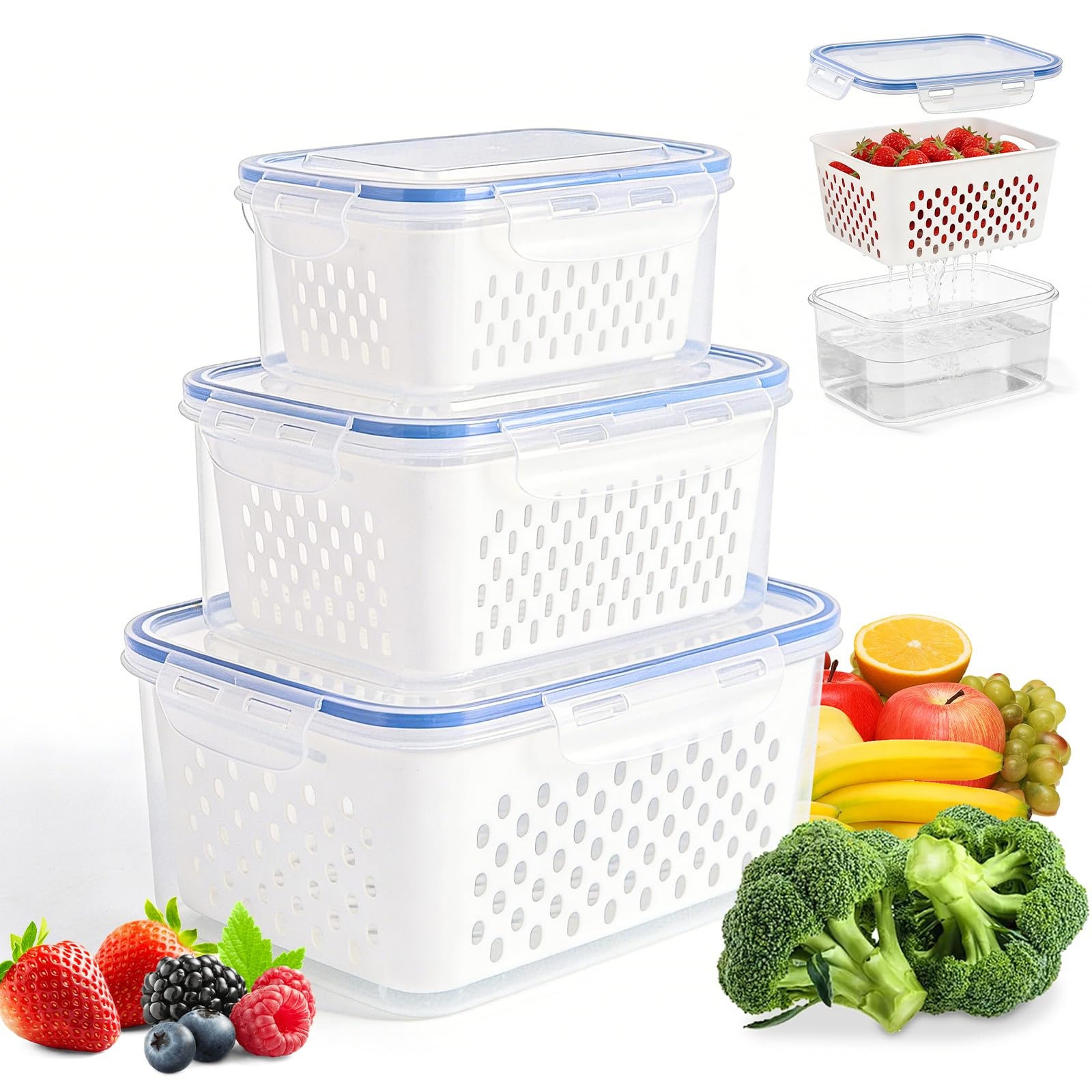 3PC-4 in 1 Food Storage Container, Fruit Containers for 3PC-White