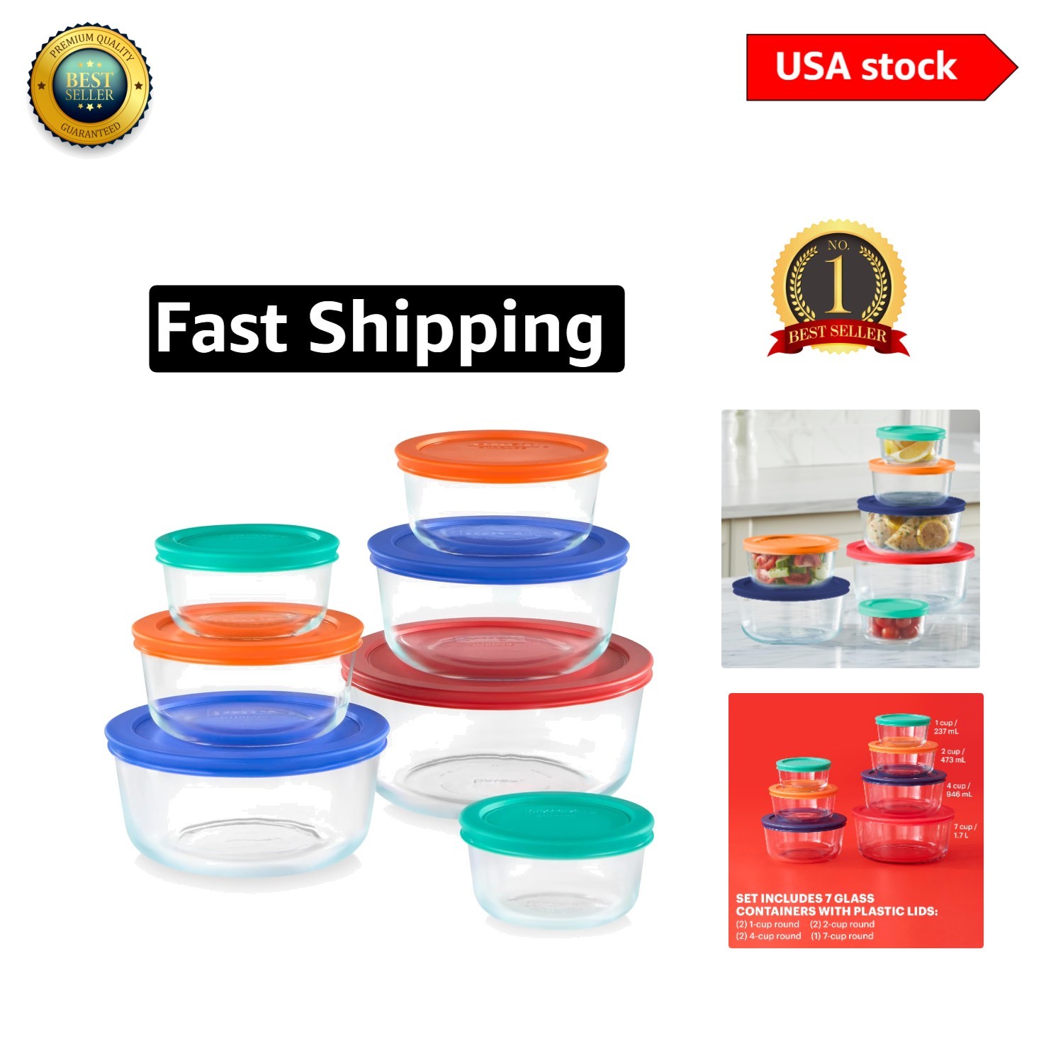 Durable 7-Pack Glass Storage Set – Includes 1, 2, 4 & 7 Cup Containers with Lids