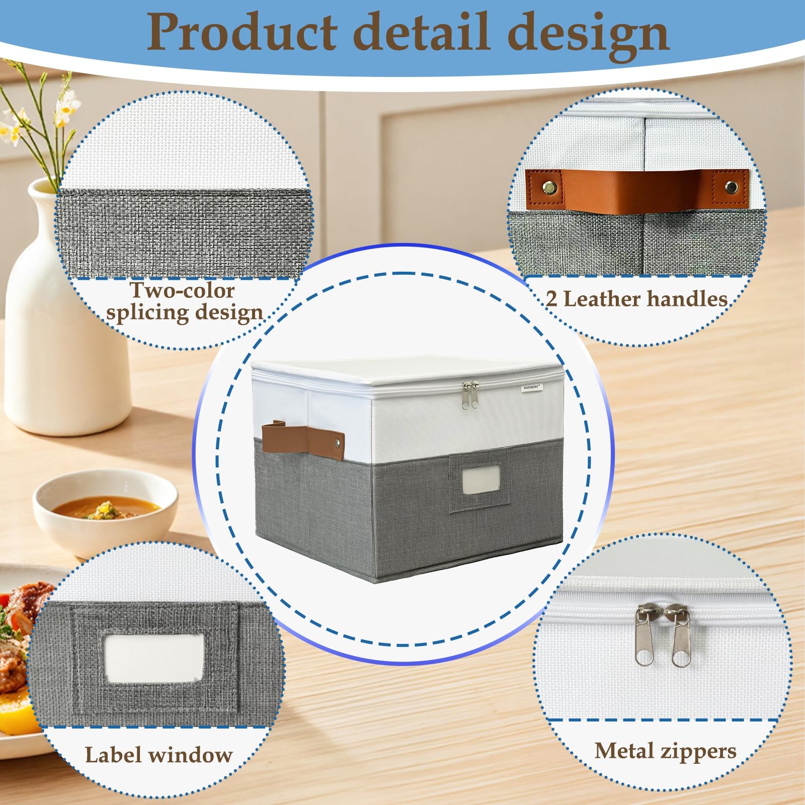2 PCS 12x12x8 Inch Grey Quilted Dish China Plate Storage Container Stackable Lid