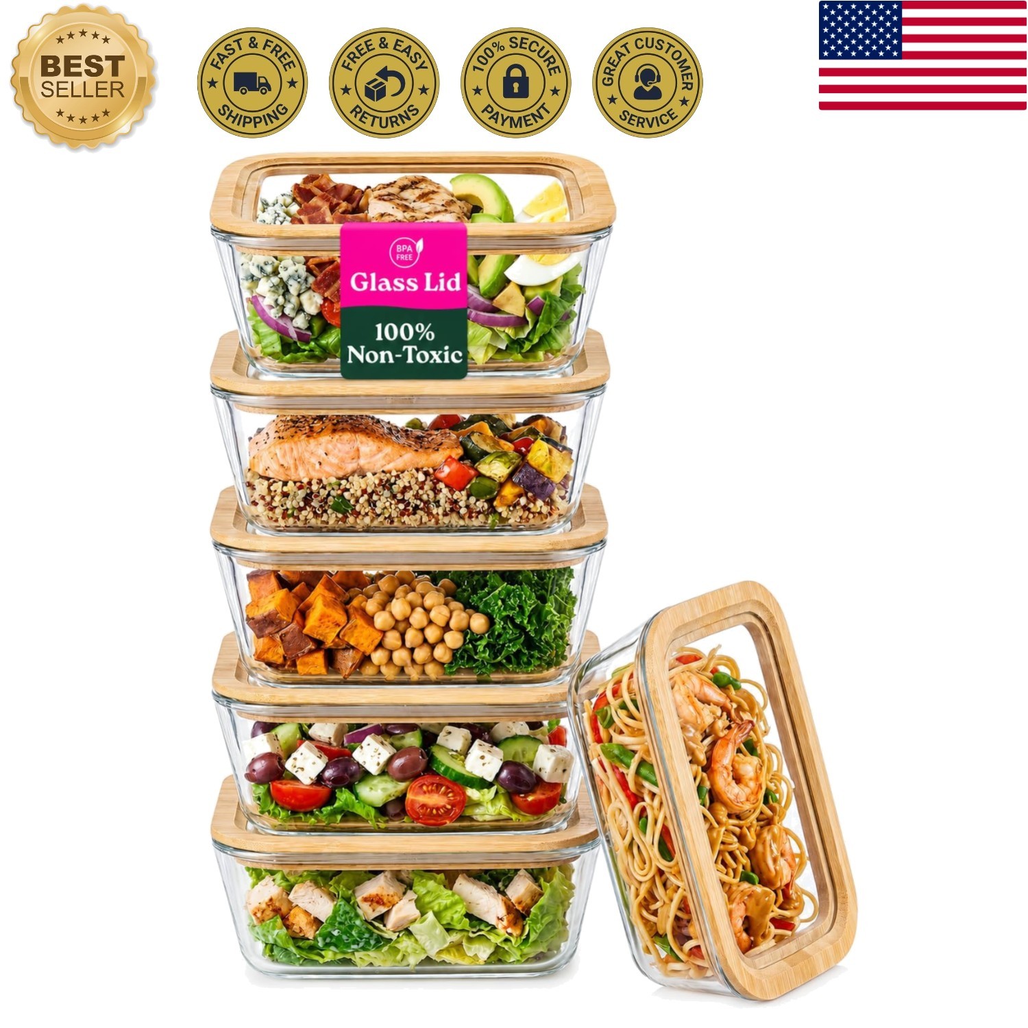 Sustainable 6-Pack Glass Food Storage with Bamboo Lids – Microwave & Oven Safe