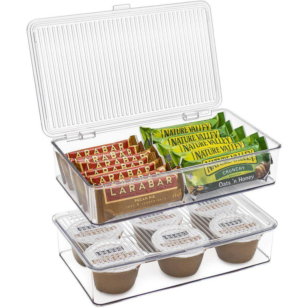2 Pack Clear Plastic Storage Bins with Deviders and Lids for Fridge and Pantry S