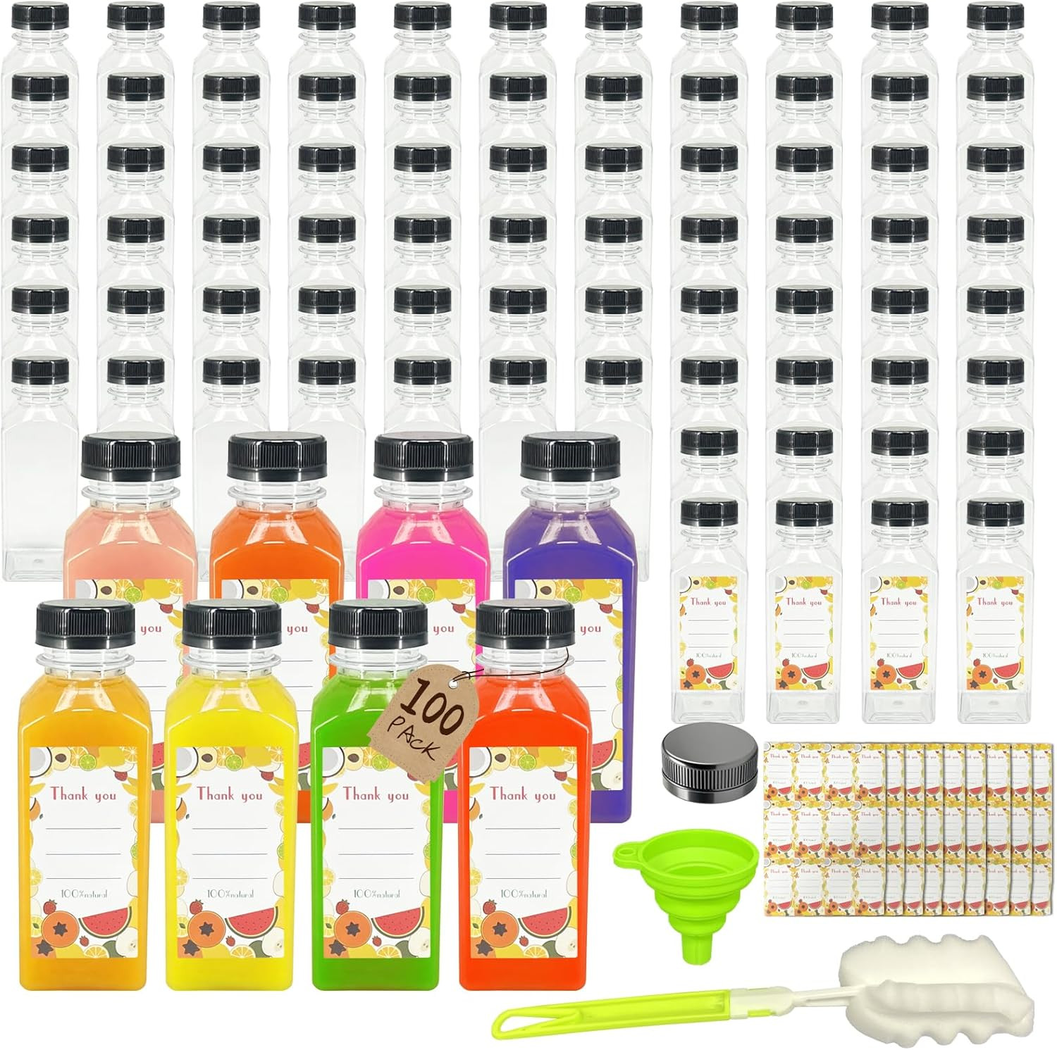 100 Pack 12Oz Clear Reusable Plastic Juice Bottles with Caps, Food Grade Bpa-Fre