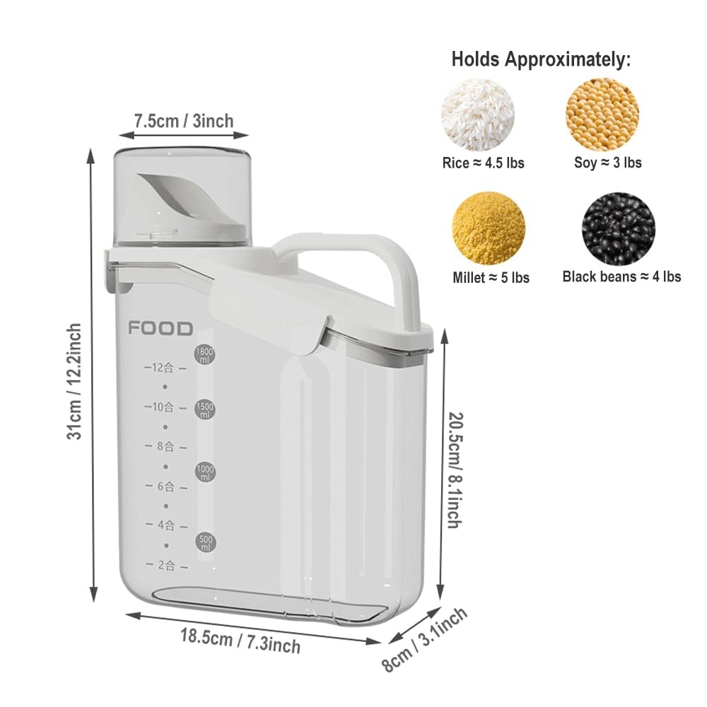 Airtight Rice Storage Container with Measuring Cup, 3 to 5 lbs Cereal Dry Foo…