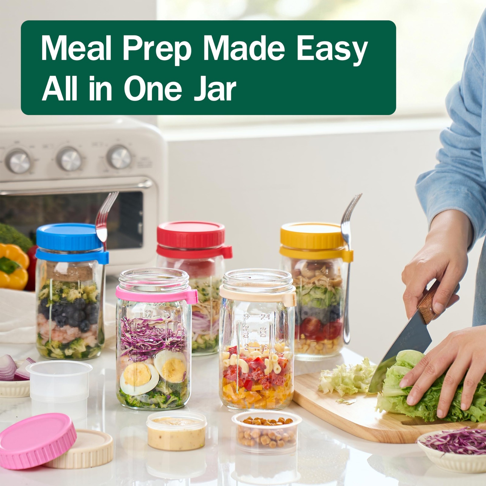 Danmu 32 oz Salad Jars with 2 Dressing Cups & Forks – Glass Mason Jar Meal Pr…