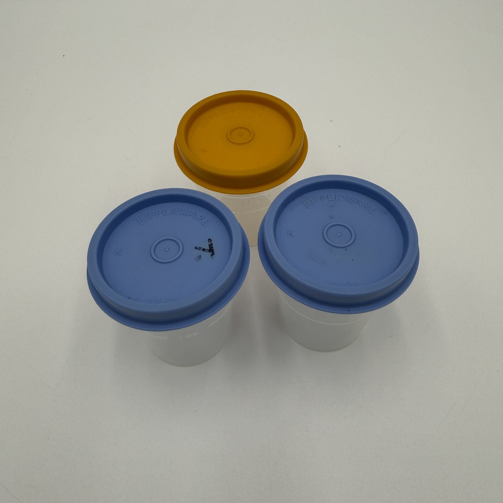 Vintage Tupperware Mini Containers Set of 3 1.5 oz Snack Cups Blue & Orange Lids