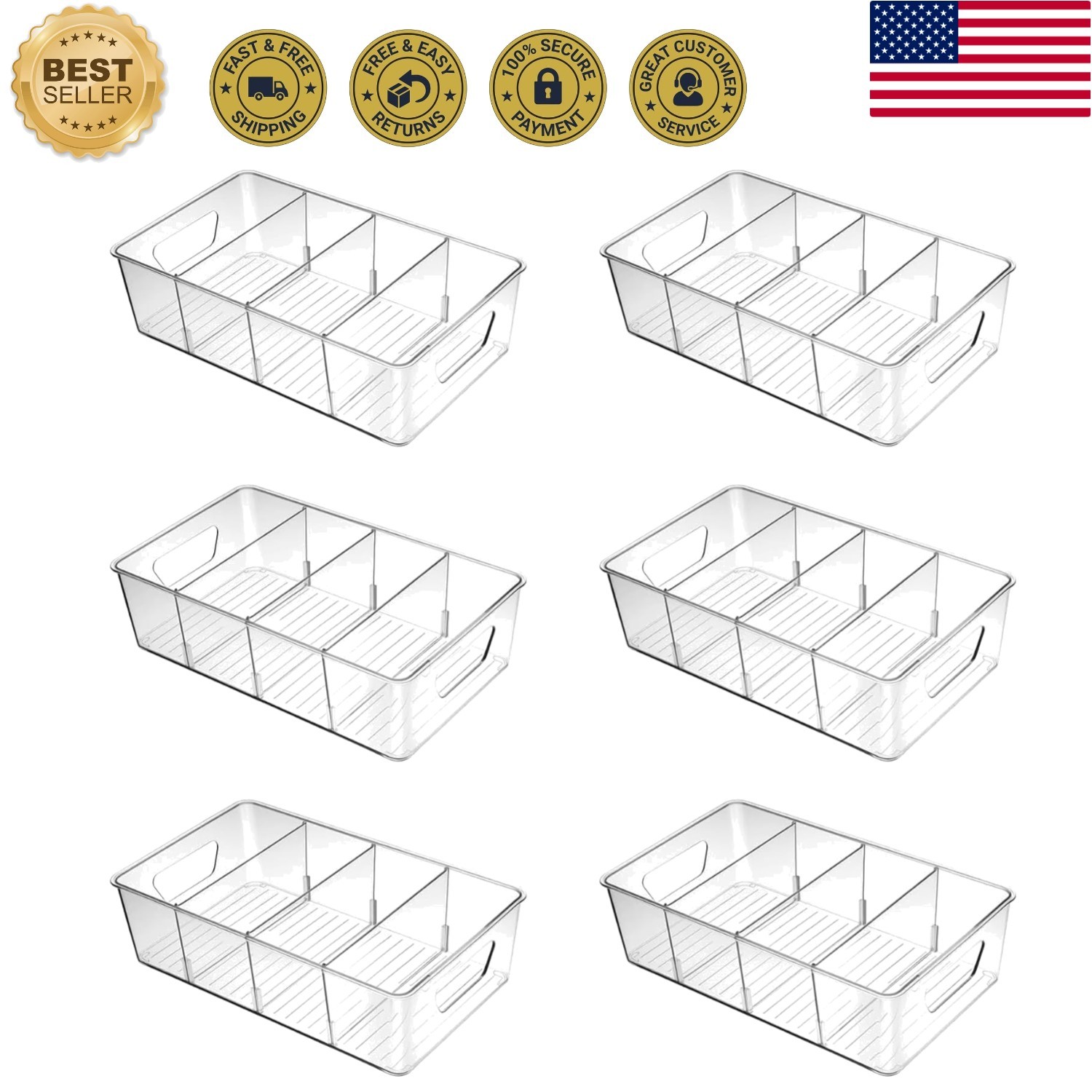 6 Pack Pantry Organizers and Storage, Clear Plastic with 3 Removable Dividers…