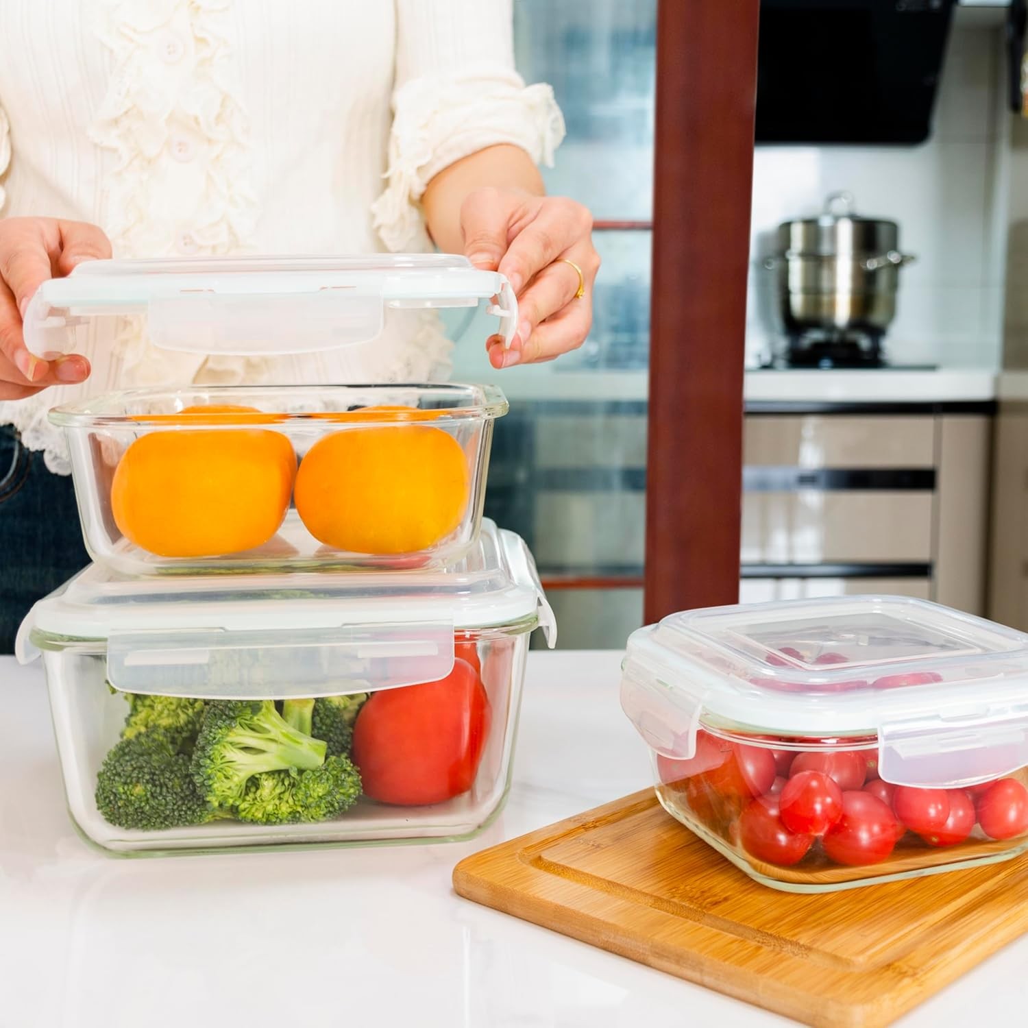 6 PC Square Glass Food Storage Containers W/ Airtight lids 74 40 & 18 oz Kitchen
