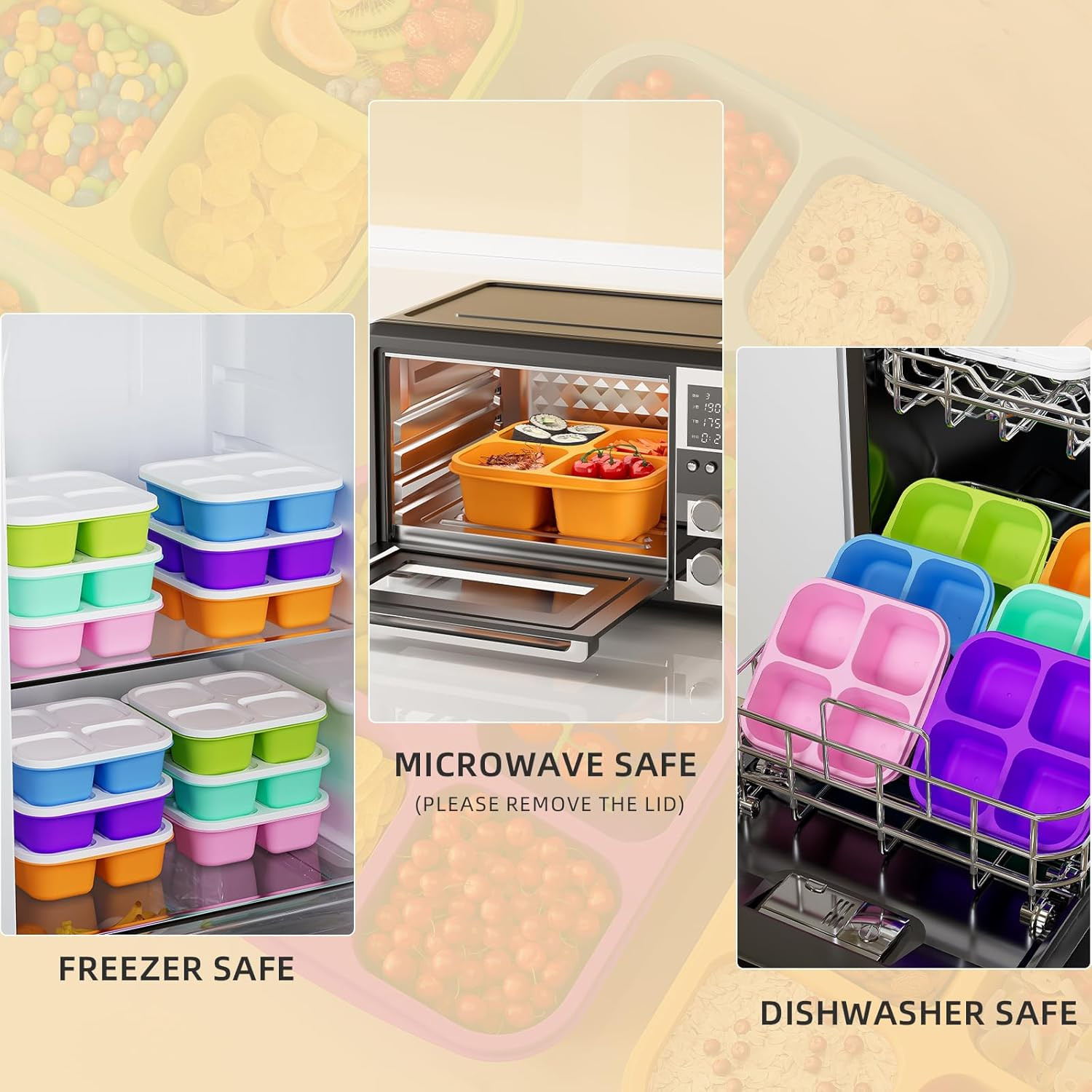 6 Pcs Bento Snack Containers, Reusable 4 Compartment Food Storage Container with