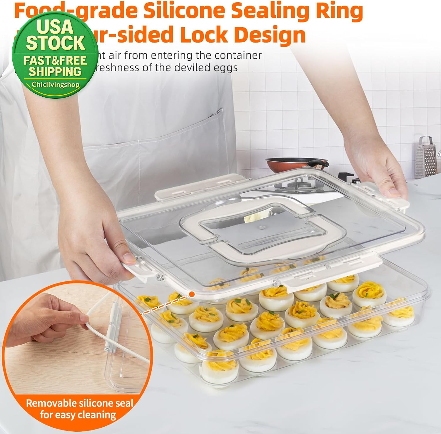2 Pack Deviled Egg Carrier Tray with Lid Handle Clear Storage Holds 48 Eggs