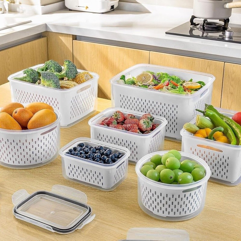 Plastic Fridge Storage Containers 5 Packs BPA Free Food Saver Colander New