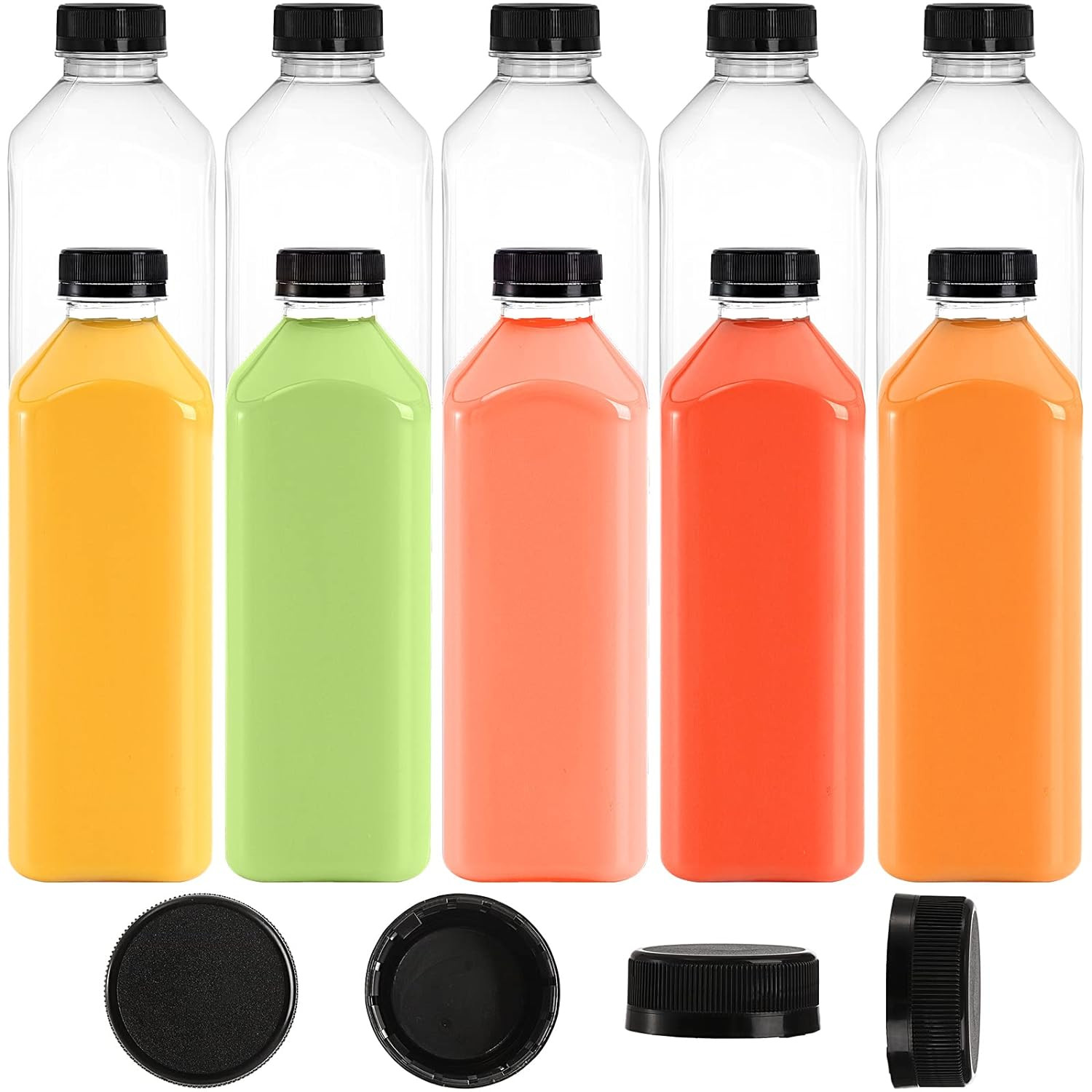10 Pack 33Oz Plastic Juice Bottles with Black Cap, Clear Reusable Containers …