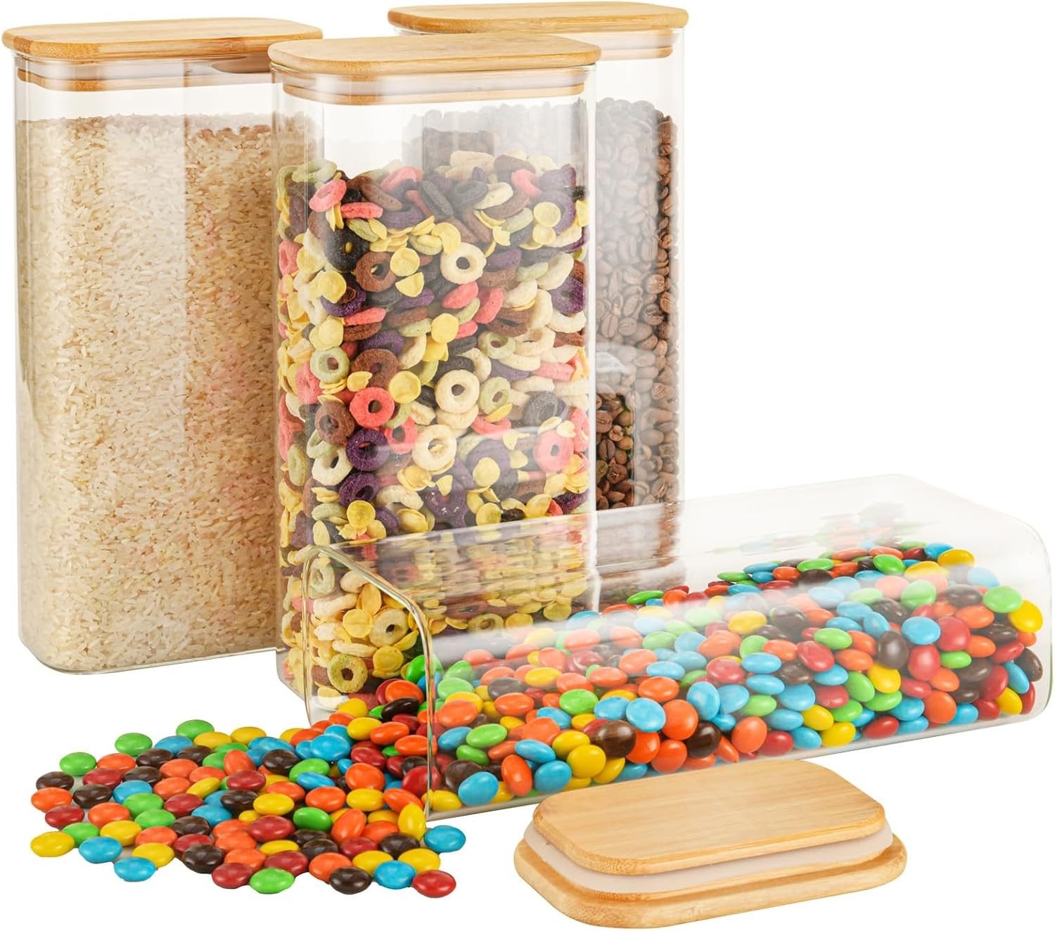 56oz Rectangle Airtight Glass Storage Containers W/ Bamboo Lids Set of 3 Square