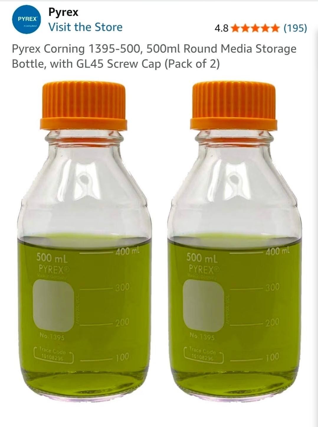 2 – Pyrex 500 ml storage bottles with screw caps