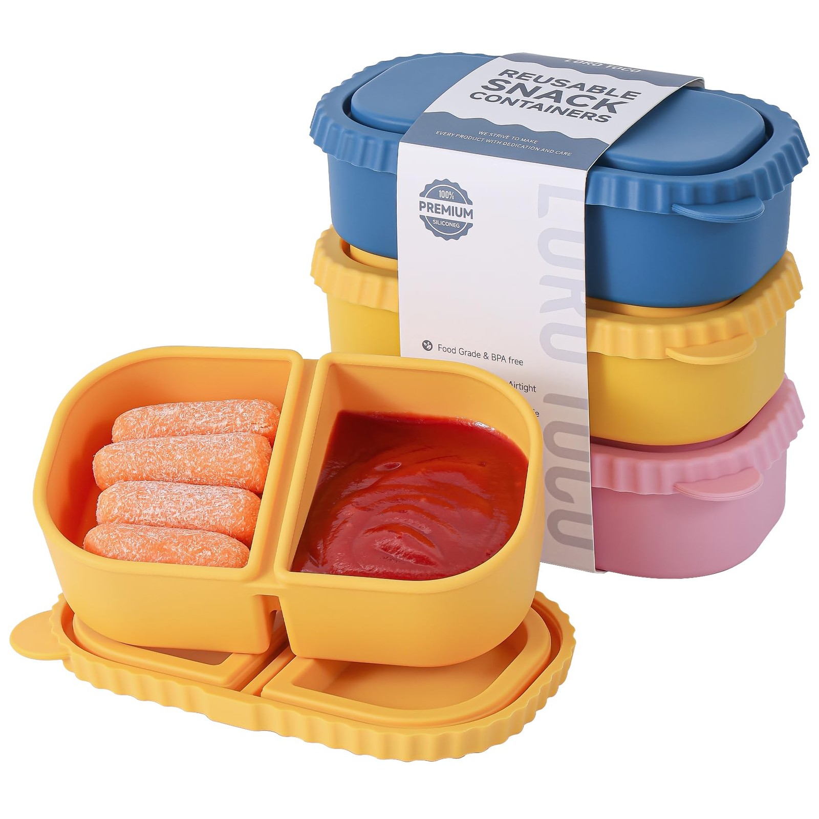 LOROTOCO 3 Pack Silicone Reusable Snack Containers with Lids – 8 oz Double Co…