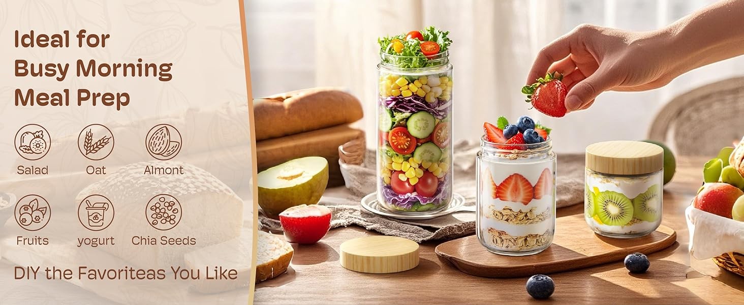 4 pack 16oz Overnight Oats Containers with Bamboo Lids, Glass Jars with Airtight