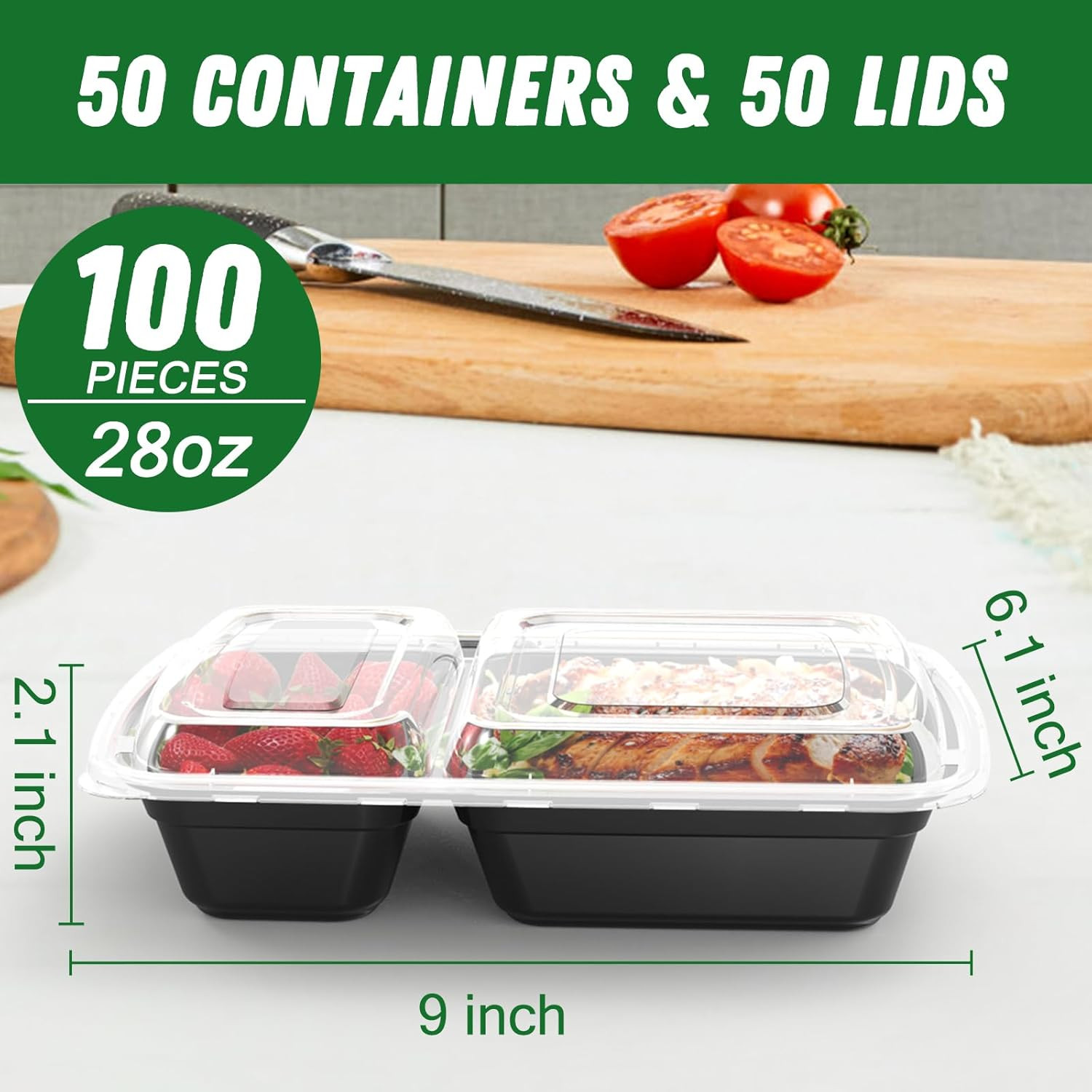 50 Pack (100-Piece) 28 Oz Meal Prep Containers Reusable with Lids 2-Compartment,