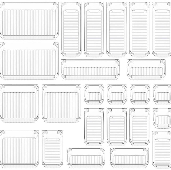 24Pcs Drawer Organizer Set 5-size Storage Bins for Makeup Kitchen Office (Clear)