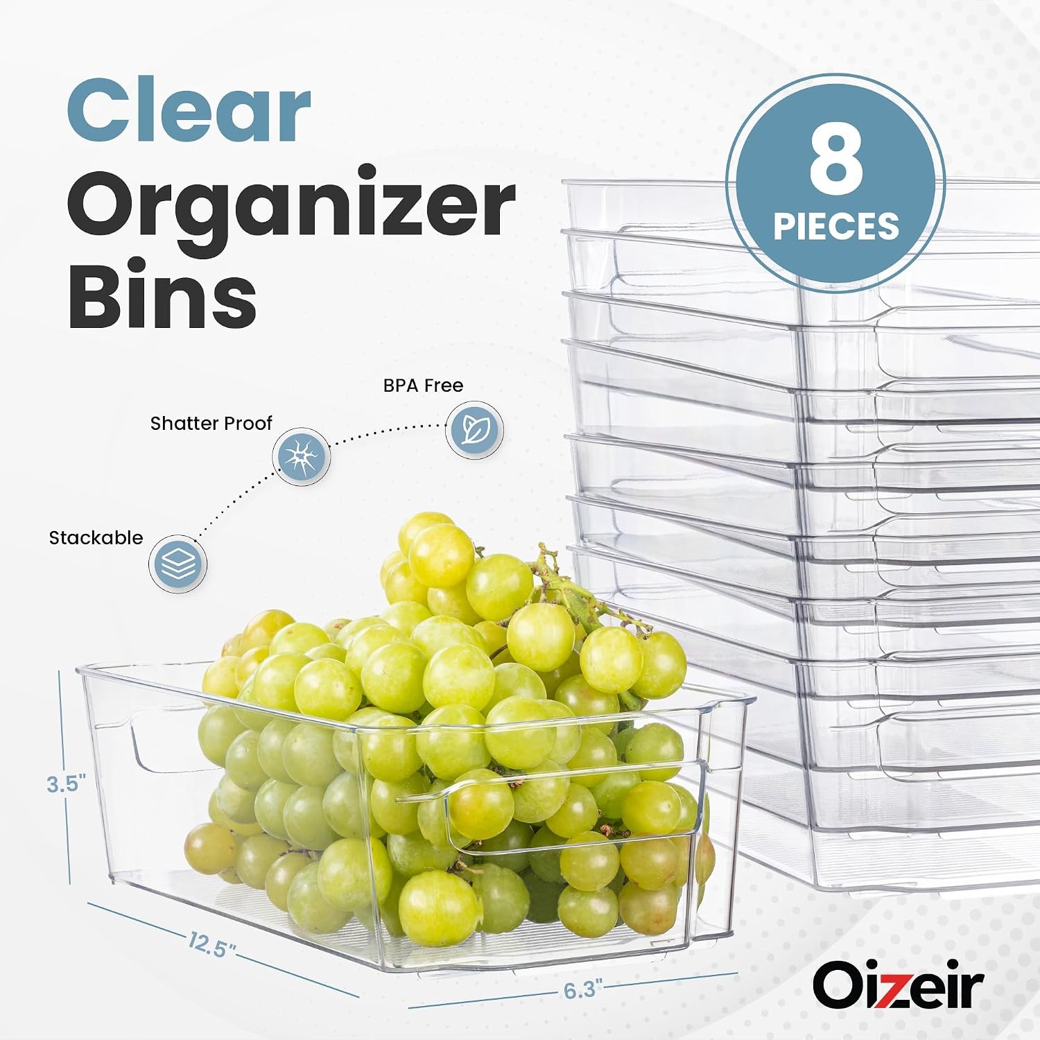 Oizeir 8 Pack Clear Plastic Storage Bins with Handles – Stackable Fridge Organiz