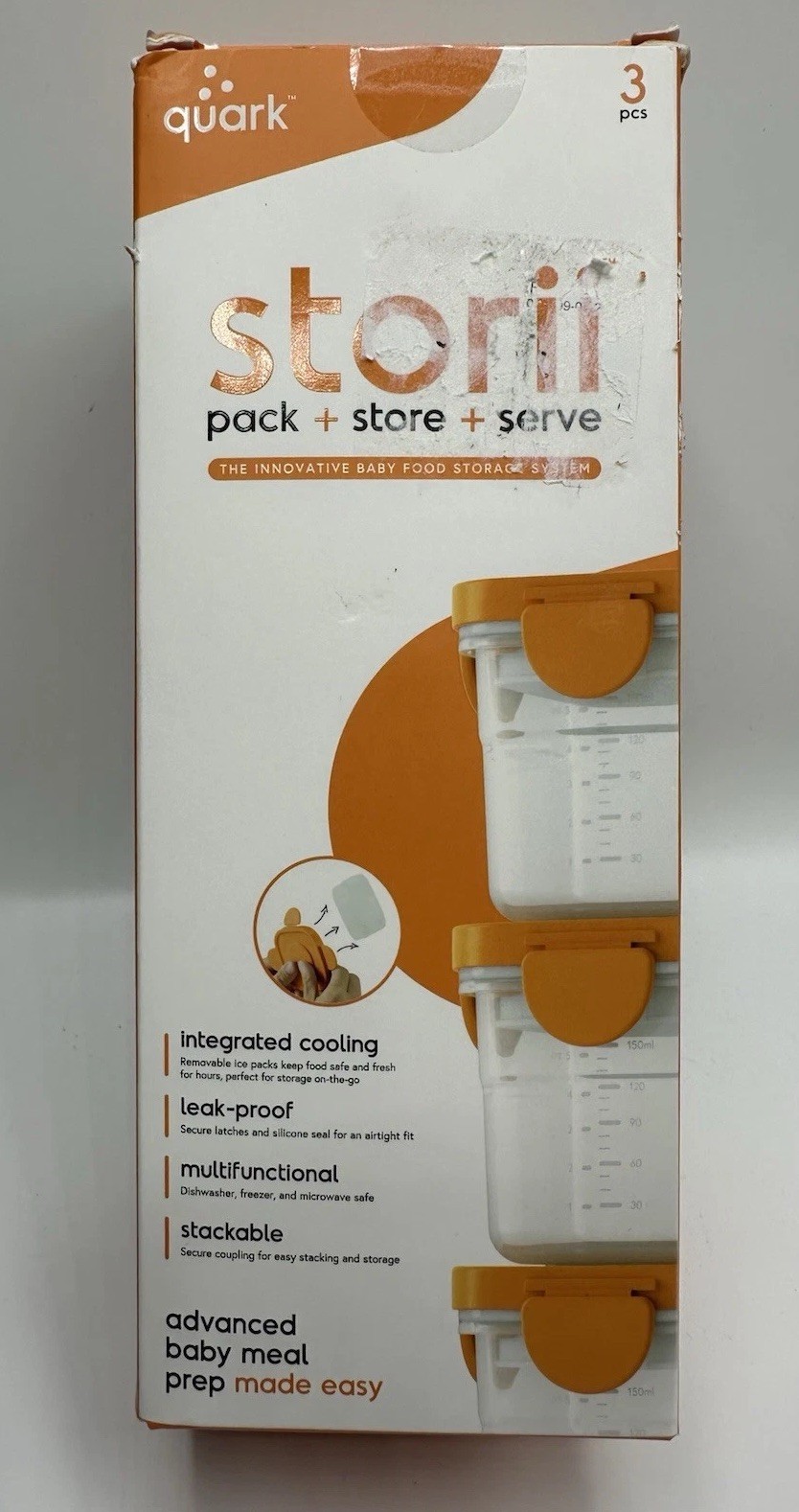 Quark Storii Baby Food Storage Containers with Integrated Ice Packs 3 Pack New