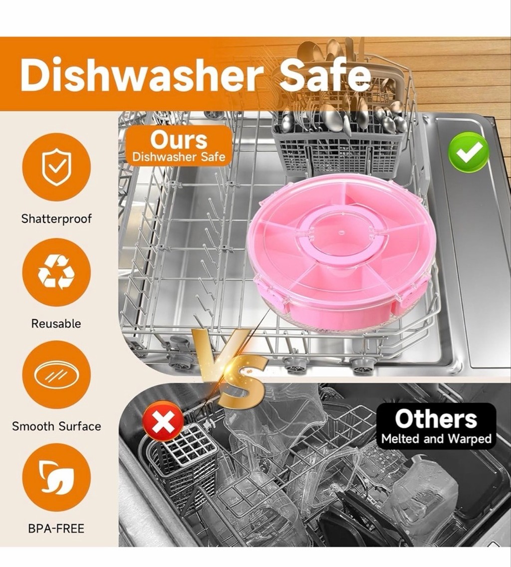 NEW PINK Snackle Dishwasher Safety Divided Rotating Serving Tray Handle Portable