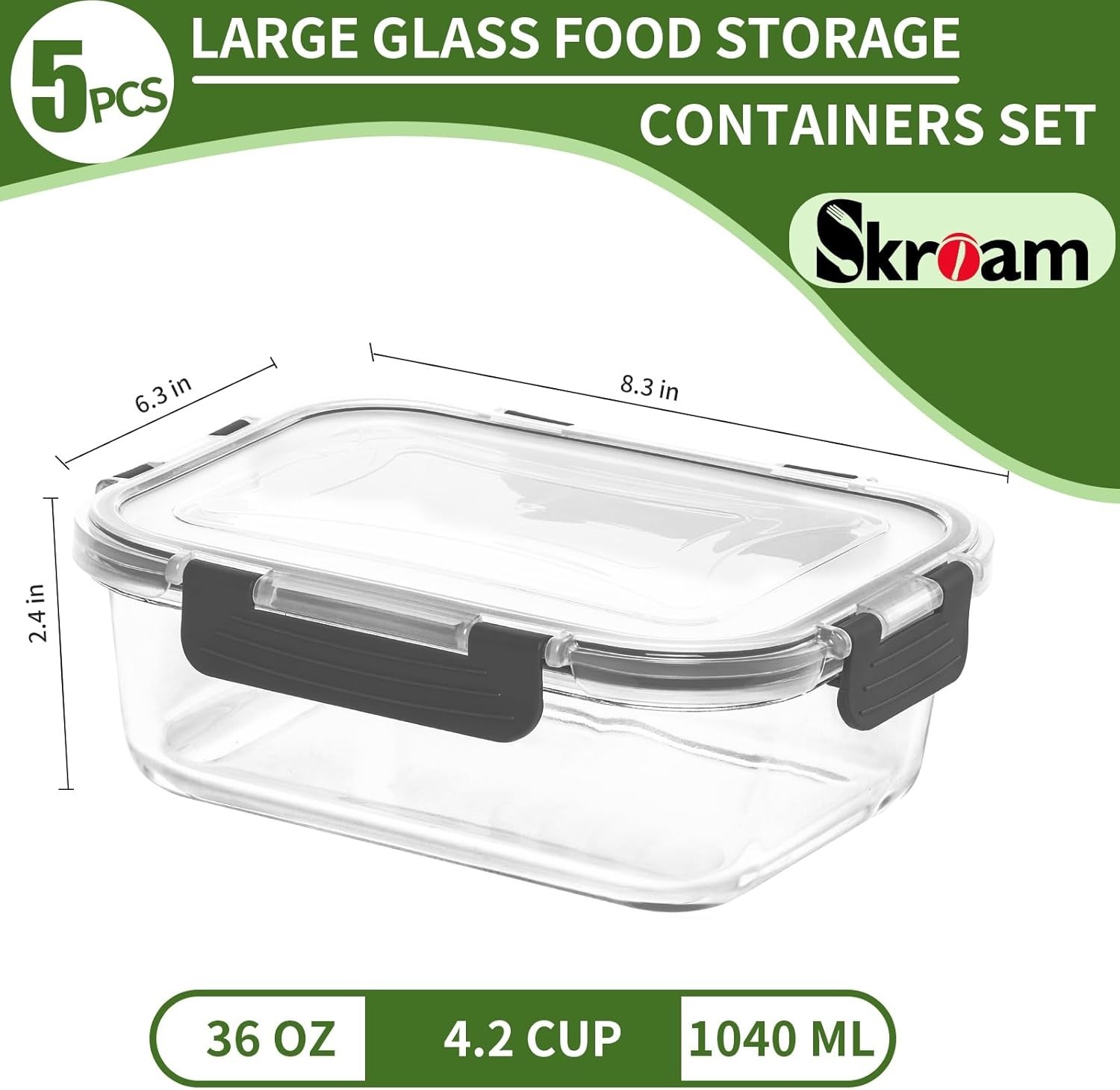 5-Pack 36oz Airtight Glass Food Storage Containers – Leak Proof Meal Prep