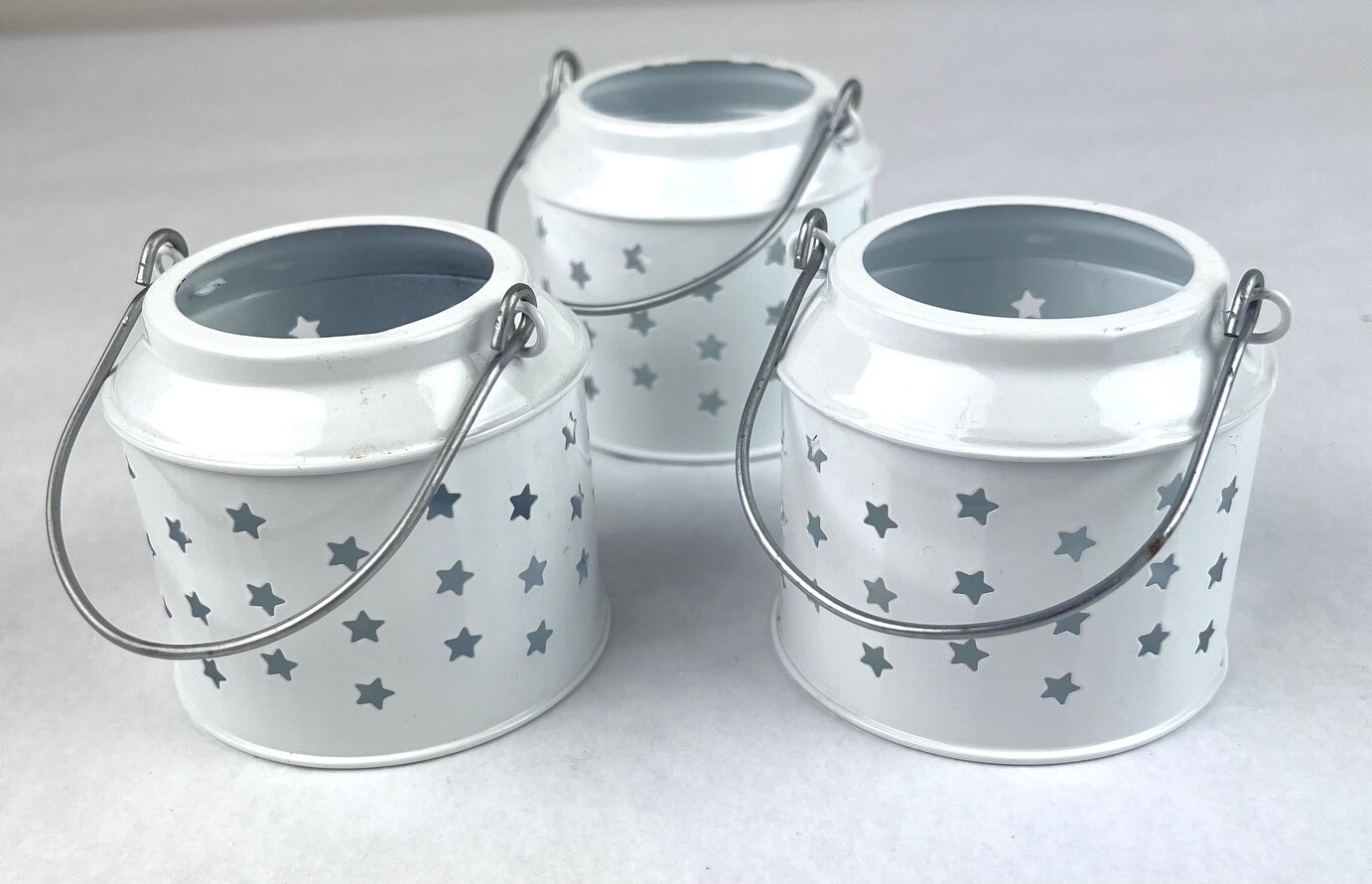3 White Bucket Pail Handle Star Cut Out Garden Patio Tea Lights Votives