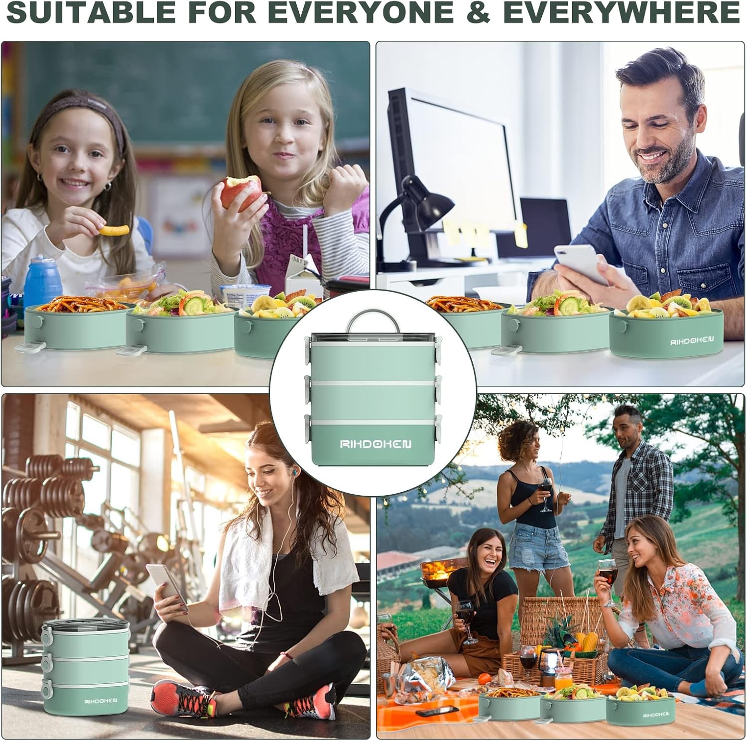 Lunch Box, Stackable 3 Layers Containers, Portable 94OZ 3 Layers, A-Green