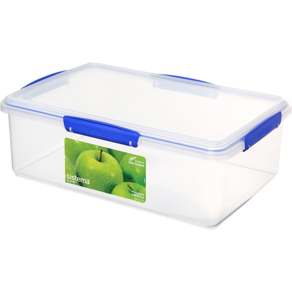 Food Storage Container, 7 L, Airtight & Stackable,BPA-Free,Clear with Blue Clips