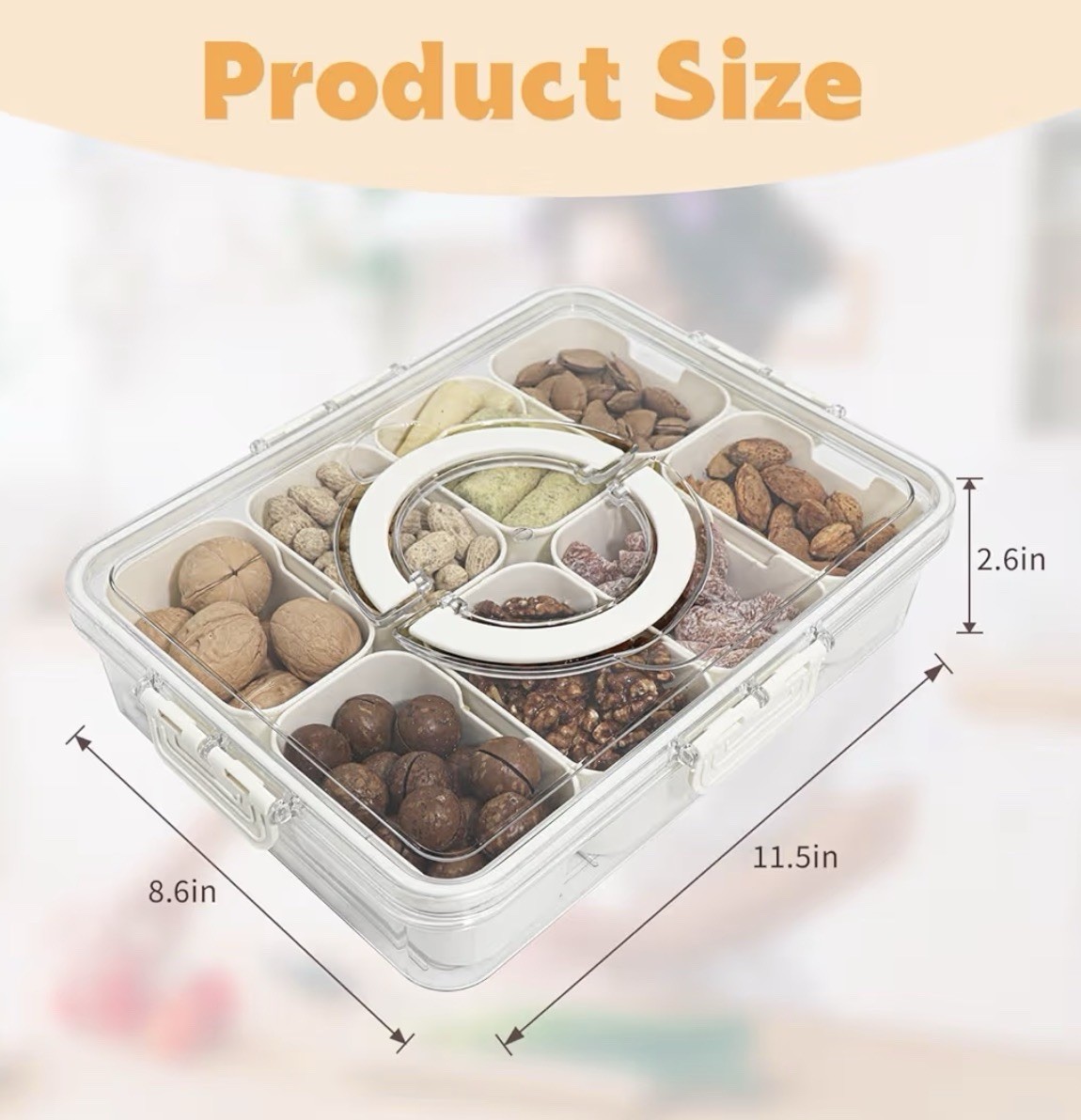 CWC 8-Compartment Plastic Snack Container Clear/Beige Rectangular Handle Lid