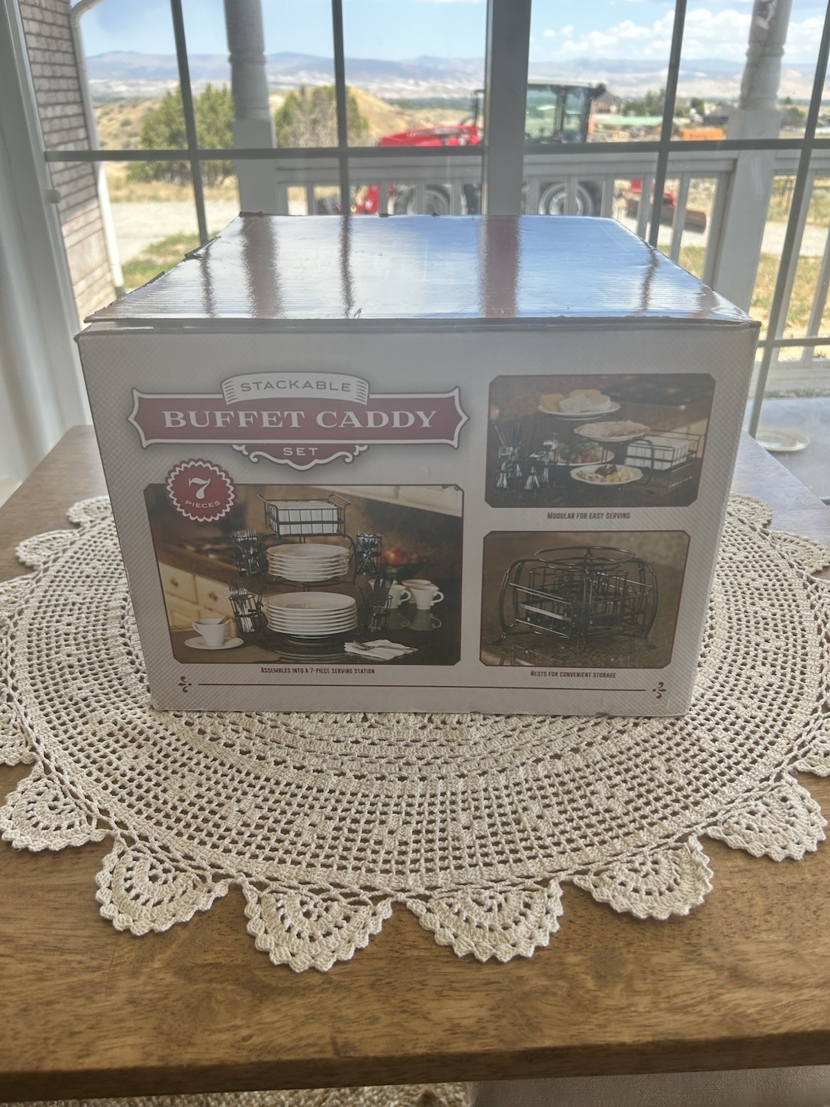 NEW Buffet Caddy 7 Piece Set Plate Napkin & Silverware Holder Carbon Steel