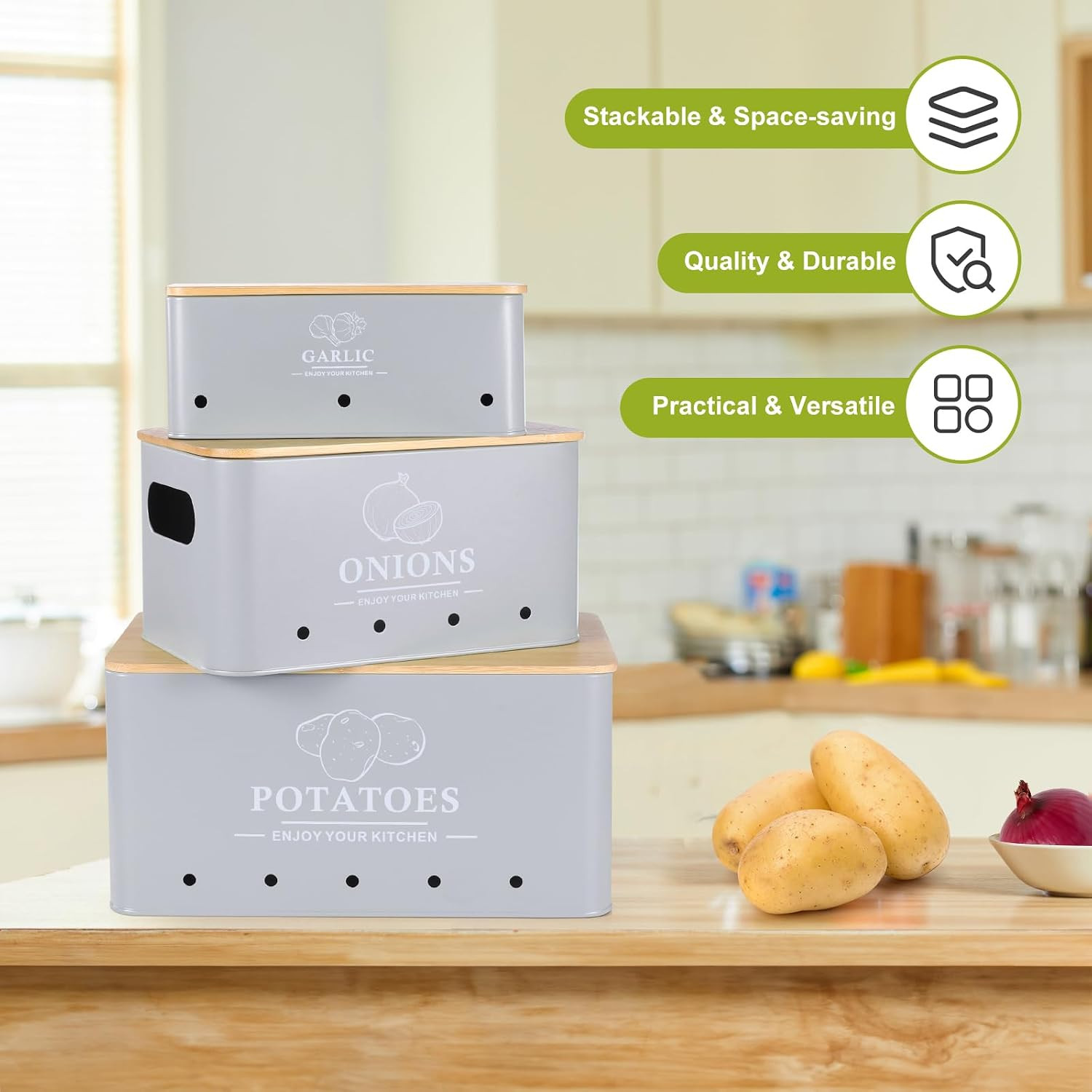 Kitchen Vegetable Storage Set of 3, Metal Onion Garlic Potato Storage Set, Kitch