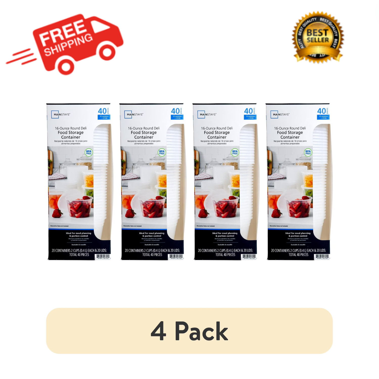 Mainstays 40pc 16oz Plastic Deli Food Storage Containers with Lids, 4 Pack