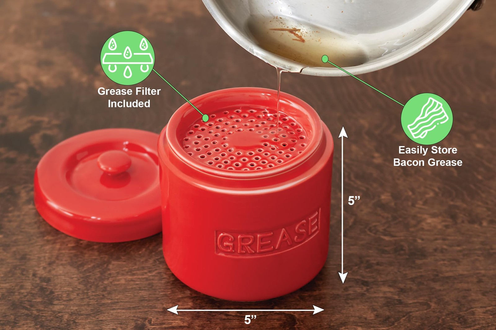 Fox Run Porcelain Bacon Grease Container with Strainer, Red Grease Container …